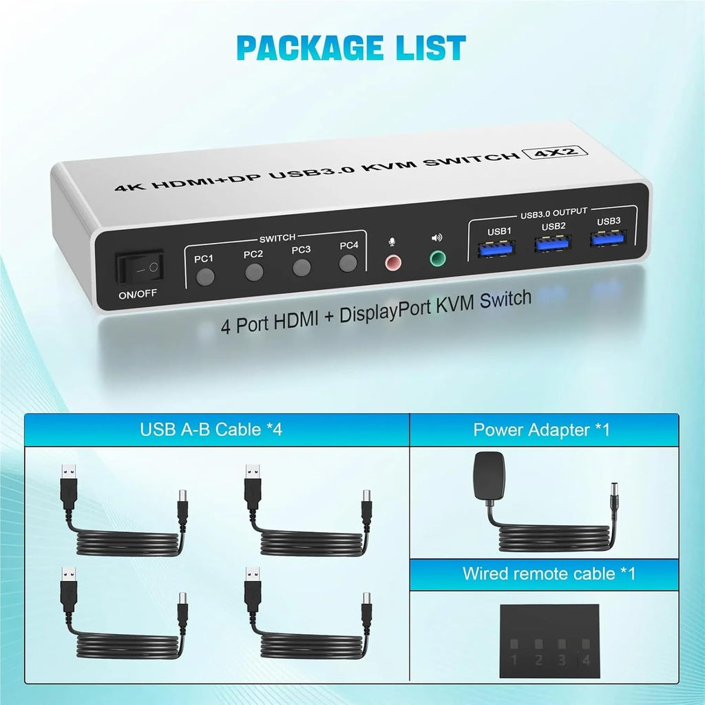 4K@60Hz USB 3.0 Displayport+HDMI KVM Switch 2 Monitors 4 Computers, 4 Port Dual Monitor HDMI+DP Monitor Switch for 4 PC(EU Plug)