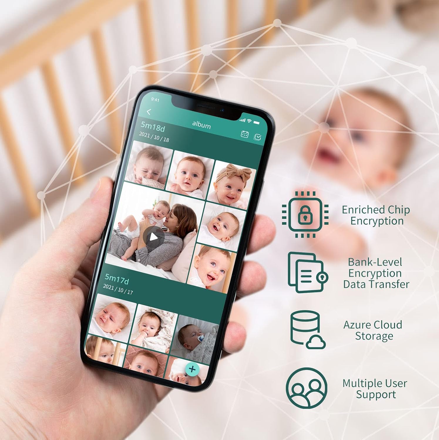 Pixsee Smart Video Baby Monitor, Full HD Camera and Audio with Night Vision, Cry Detection, Temperature Humidity Sensors, 2 Way Talk, Encrypted Wireless WiFi for Phone App, Supports Alexa