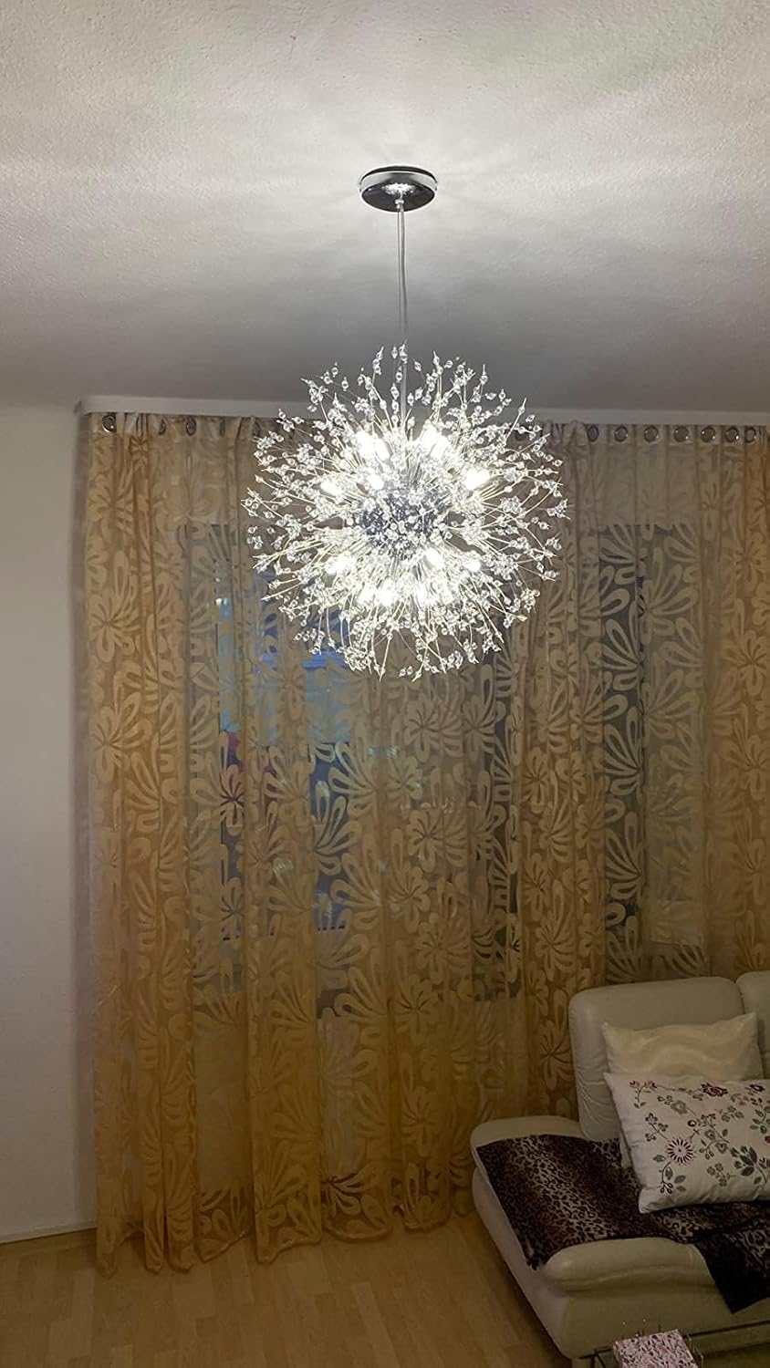 Modern Dandelion Firework Chandelier, Chrome Dining Room Chandelier, Crystal Hanging Pendant Lighting Fixture for Living Room, Bathroom, Bedroom, Entryway, 12-Light