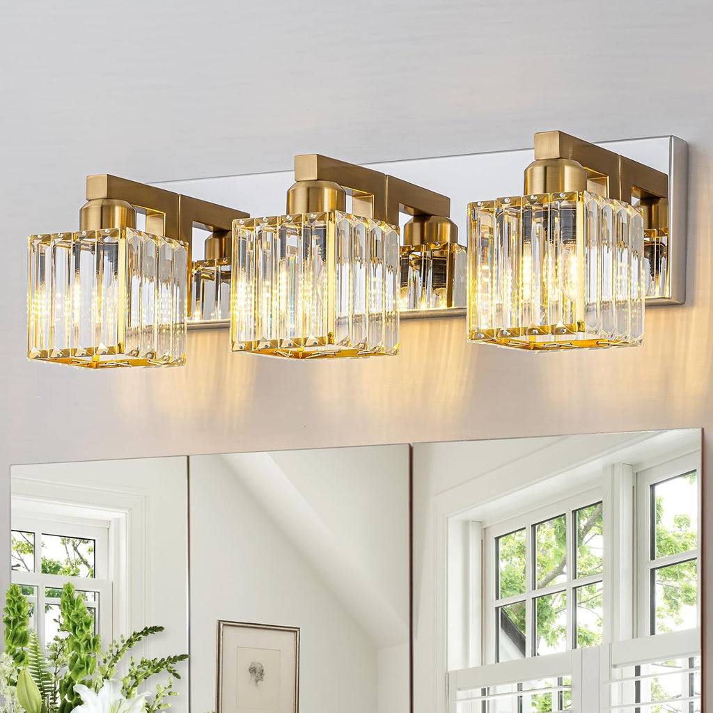 Gold Chrome Crystal Bathroom Light 3-Light Modern Bathroom Vanity Light Fixtures Over Mirror Wall Sconce