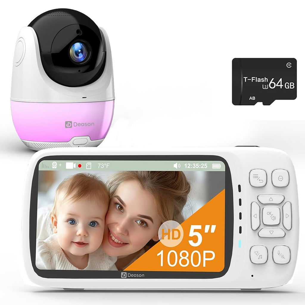 DEASON No WiFi Baby Monitor with Camera, 1080P Video, 5' Display, Secure Long Range 1200ft, 2-Way Talk, Night Vision, Temp & Sound Alert, White Noise, 64G Card
