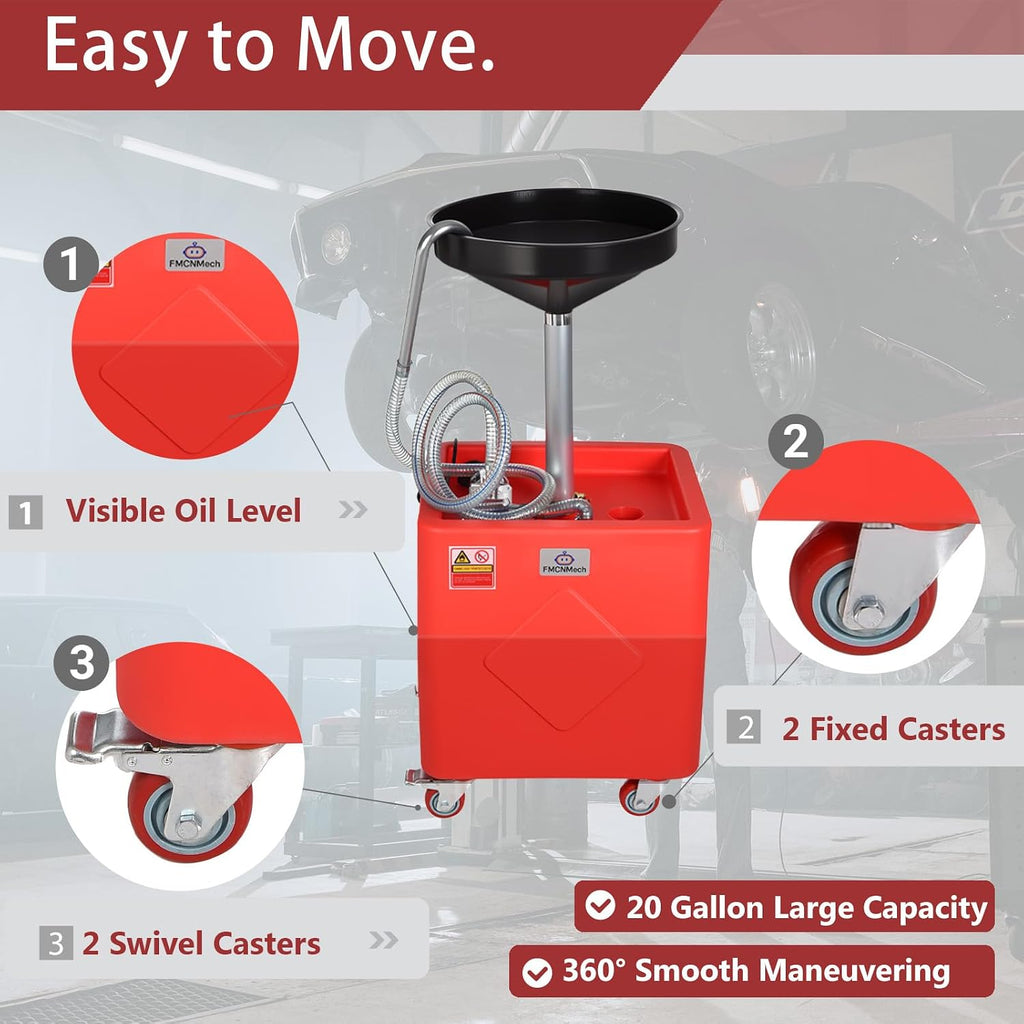 FMCNMech 20 Gallon Oil Drain Container, 8 GPM 110V Electric Pump, Adjustable Oil Drain Tank with Funnel, Waste Oil Container for Automotive Oil Changes, No Air Compressor Required