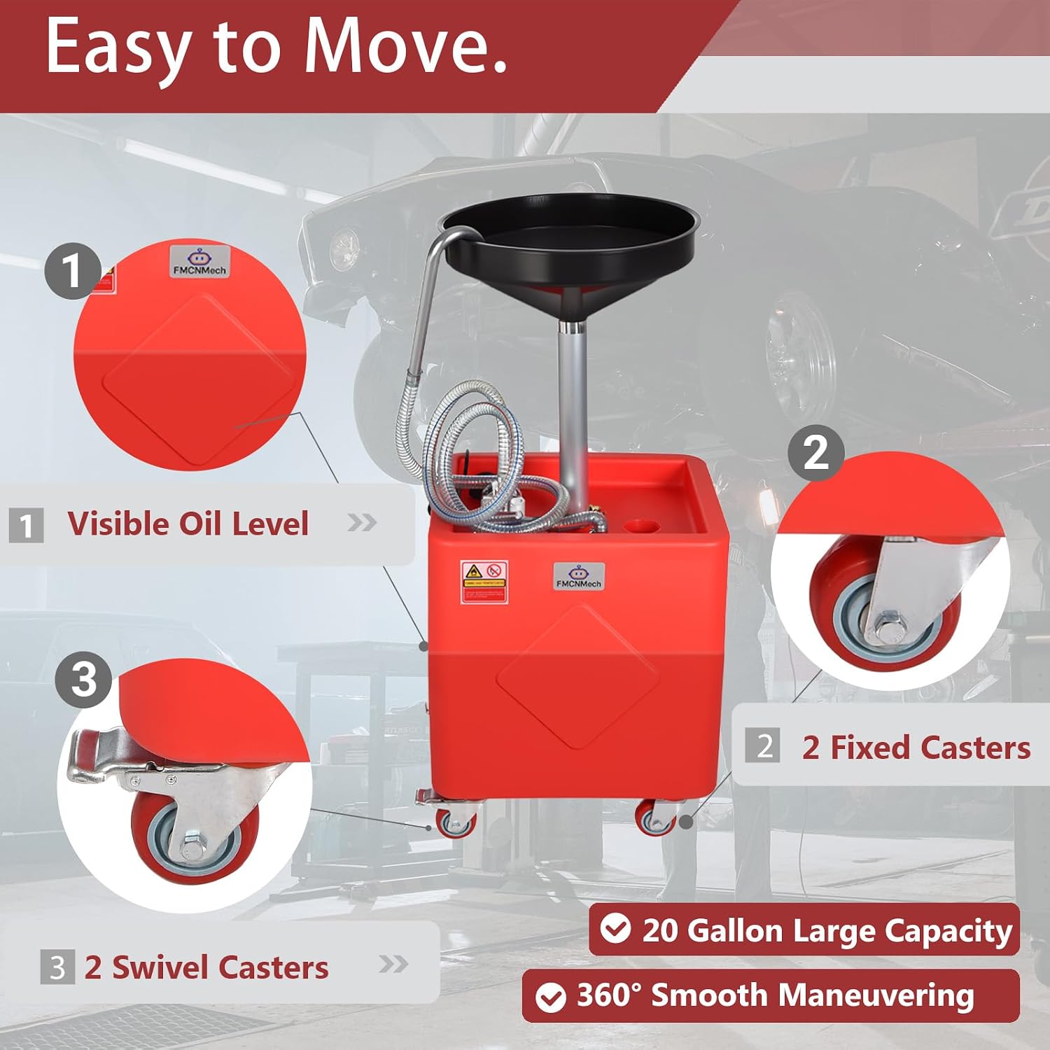 FMCNMech 20 Gallon Oil Drain Container, 8 GPM 110V Electric Pump, Adjustable Oil Drain Tank with Funnel, Waste Oil Container for Automotive Oil Changes, No Air Compressor Required