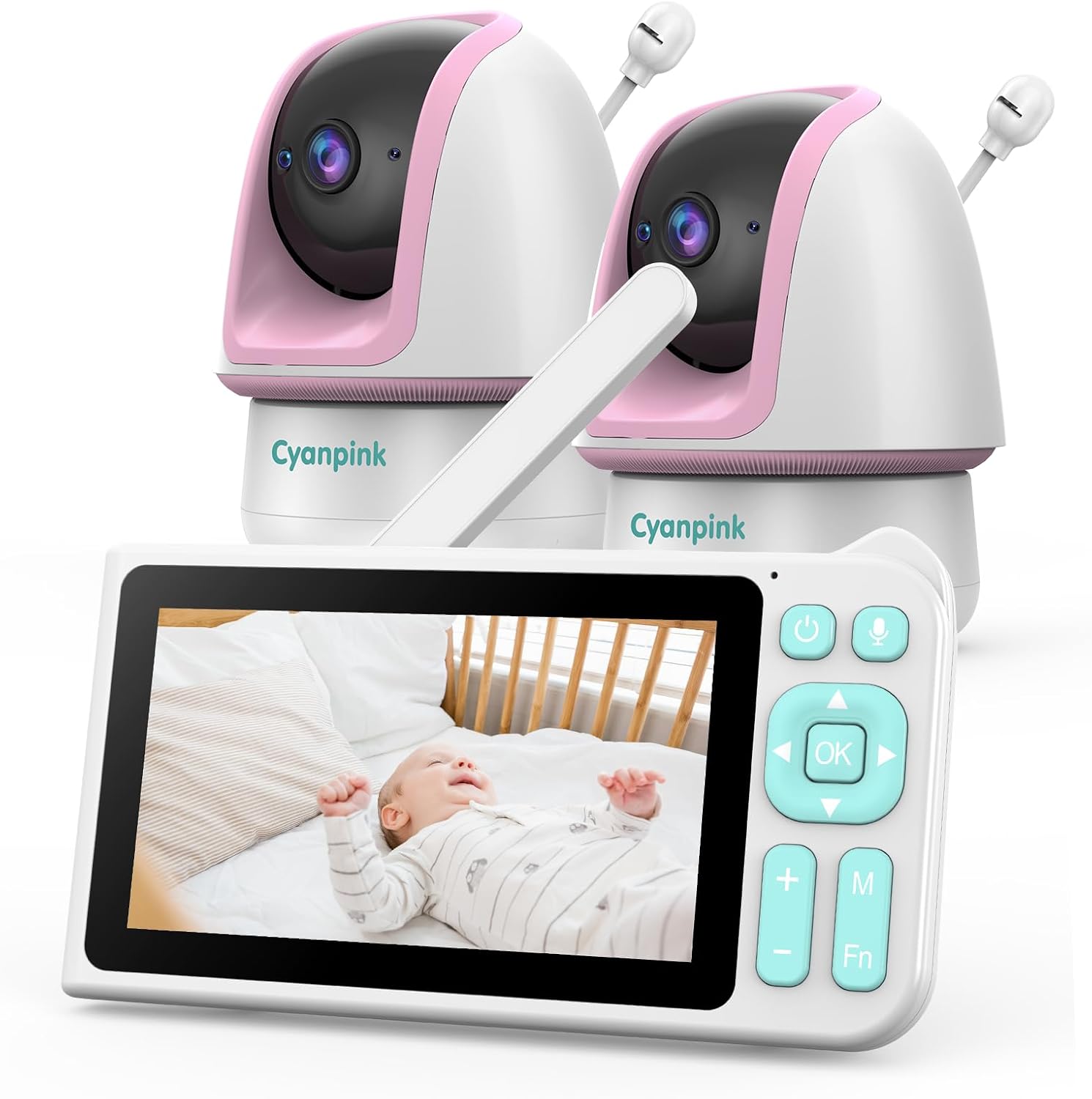 Video Baby Monitor with 2 Cameras, 2000ft Range, 1080p HD, 5' Screen, No WiFi, Dual View, 5000mAh Battery, Super Clear Night Vision, Pan-Tilt-Zoom, 2-Way Audio, AI Cry & Motion Detection