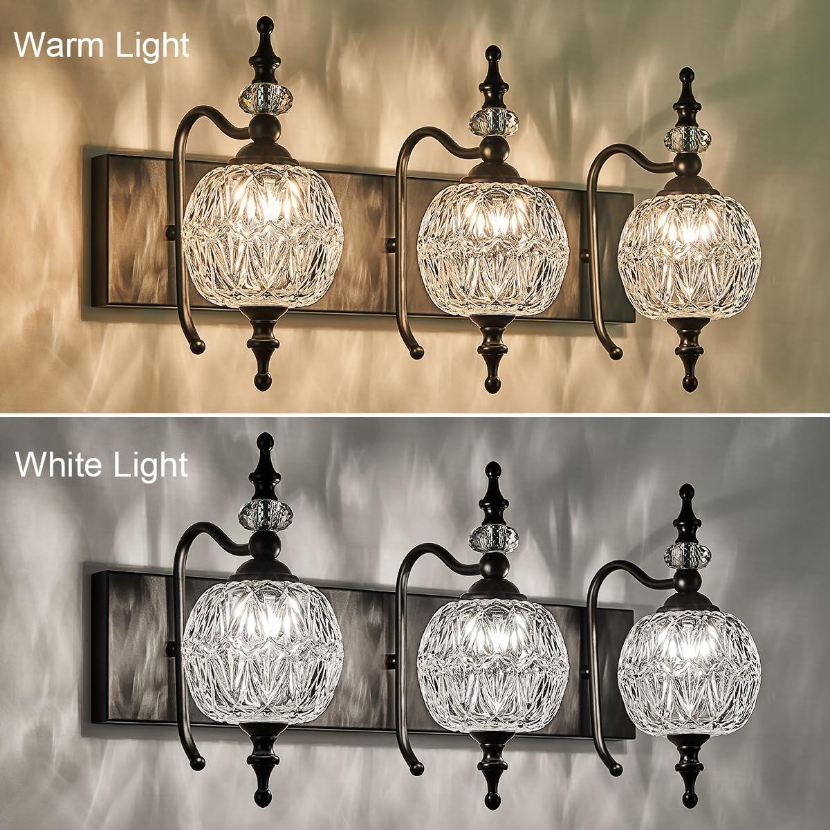 Vintage Black 3 Lights Bathroom Vanity Light Fixtures, Modern Bedhroom Lighting Painted Black Surface with Thick Crystal Glass Shade, Vintage Vanity Light for Bathroom Farmhouse Bedroom