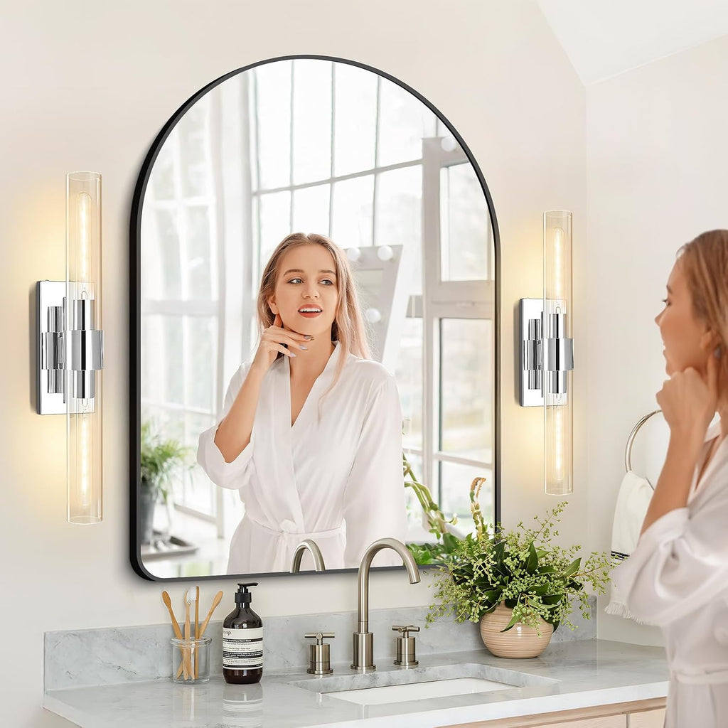 Wall Sconces Set of 2, 22.8' Chrome Bathroom Sconces, Indoor Sconces Lighting with Glass, Nickel Vanity Lights with Tube, Dimmable Bedroom Bedside Wall Light for Dressing Table Staircase