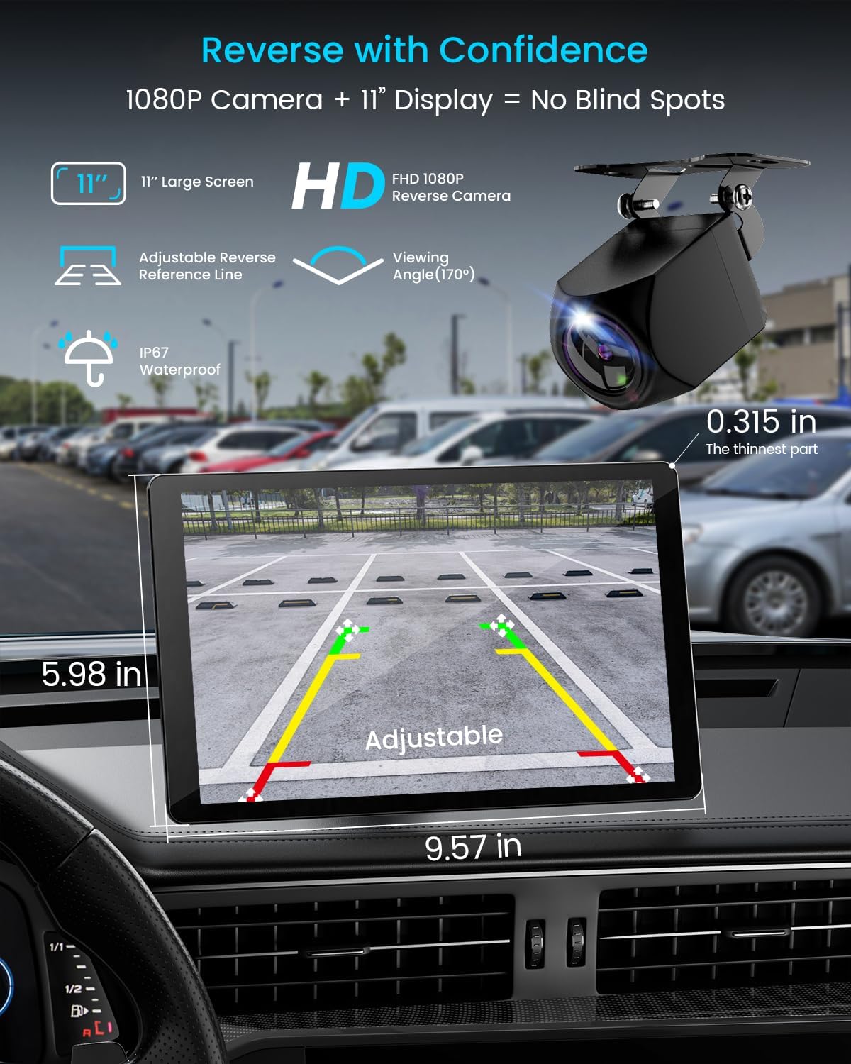 11' Extra Large Wireless Apple CarPlay Screen for Car – Ultra-Slim 0.16 Inch Touchscreen Car Stereo with Android Auto, 4K Dash Cam, 1080p Backup Camera, GPS, Mirror Link, Voice Control