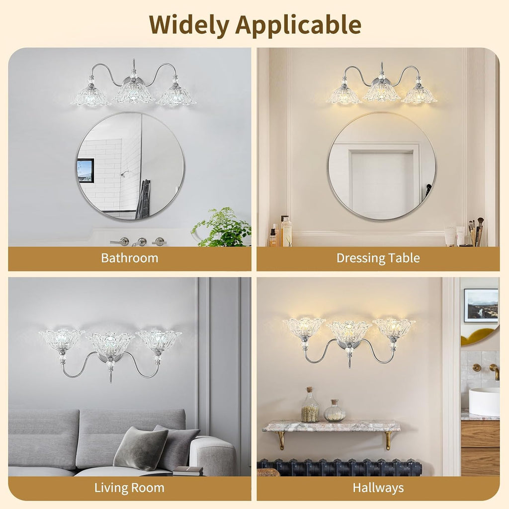 Brushed Chrome 3-Light Bathroom Vanity Light with Floral Clear Glass Shades, Modern Wall Mount Lighting for Bathroom, Dressing Table