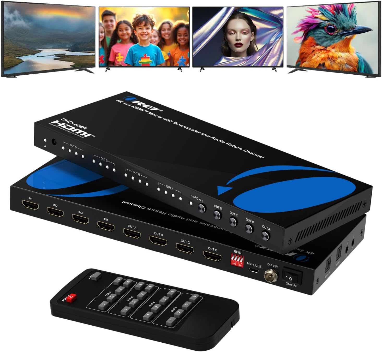 OREI 4K@60Hz 4×4 HDMI Matrix Switch with Downscaler & ARC, 18Gbps, HDCP 2.2, HDR, Audio Extraction (Optical & Analog), 4K-to-1080p Scaling, IR Remote (UHD-404R)