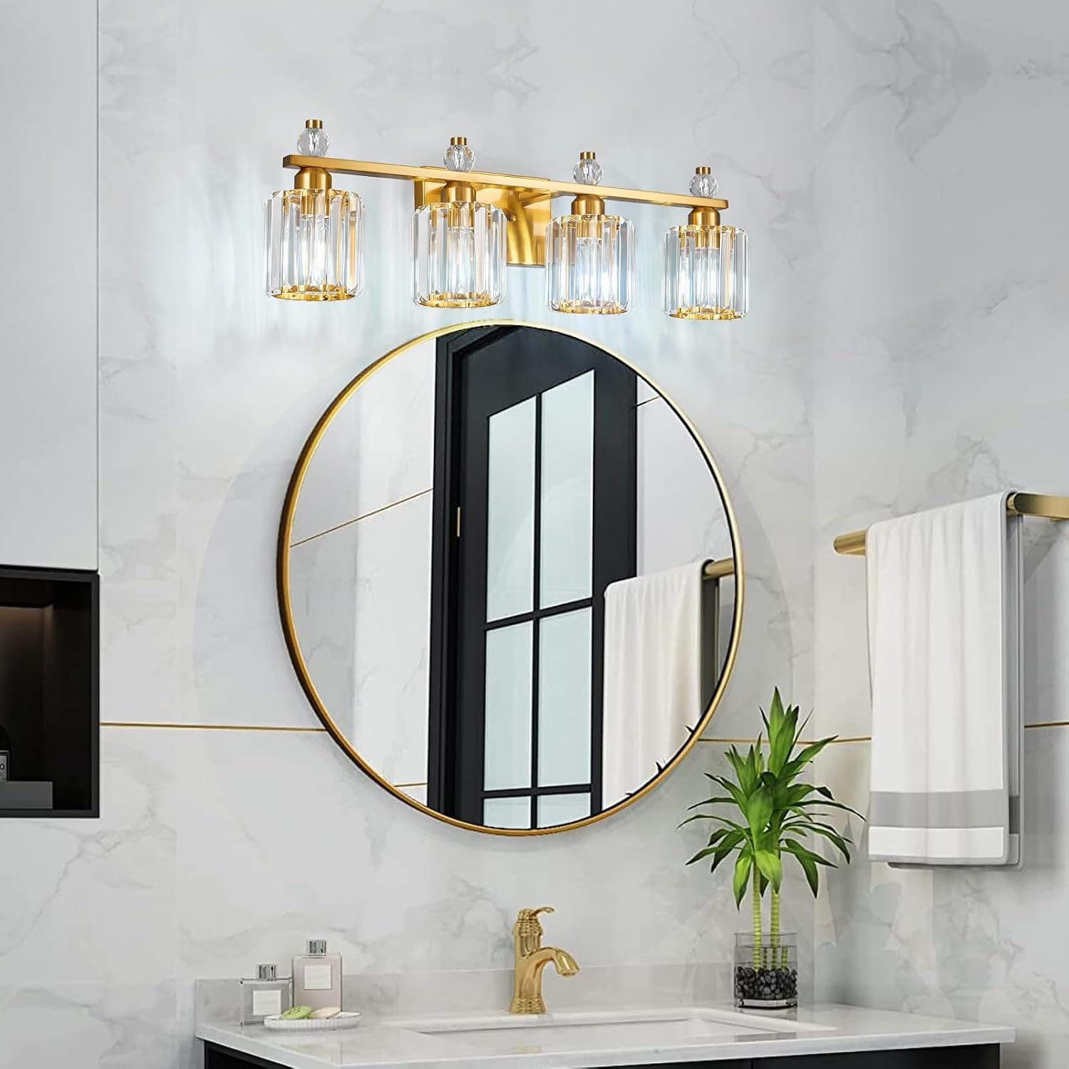 Bathroom Vanity Lights 4-Light Gold Modern Crystal Vanity Light Fixtures Over Mirror Crystal Bathroom Vanity Lighting Fixtures