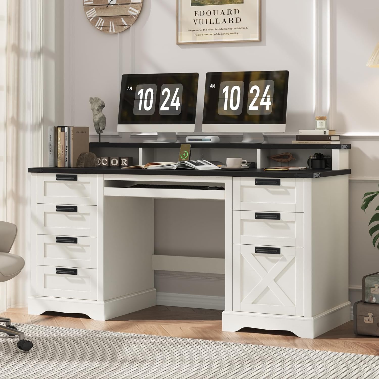 60' Farmhouse Executive Desk with 8 Drawers, Wood Computer Desk with Keyboard Tray and Charging Station, Home Office Desk Writing with File Drawer Fits A4 Size for Work and Study, White and Black