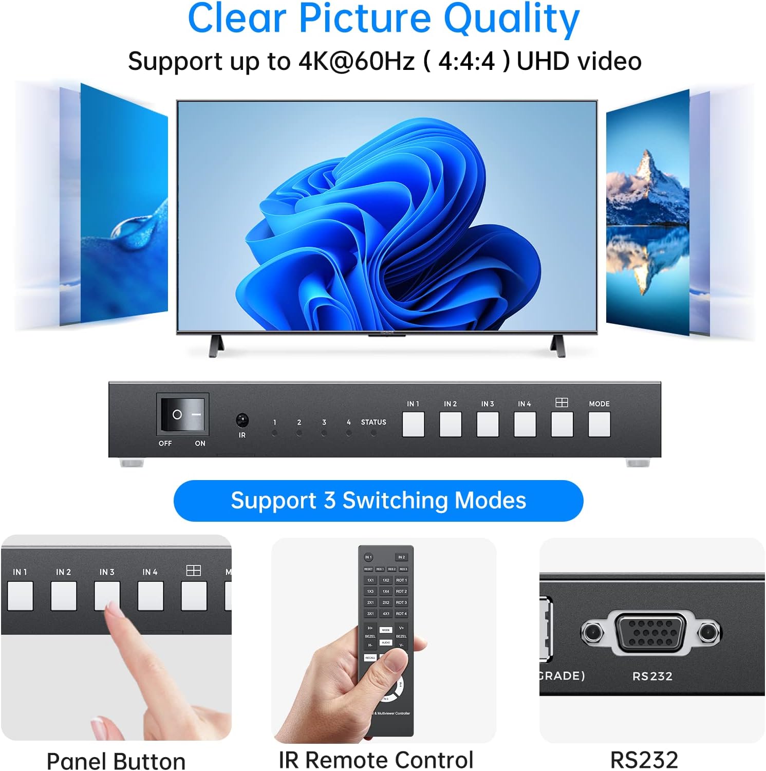 4K HDMI Quad Multi-viewer 4x1, Yinker 4 in 1 Out HDMI Quad Switcher 4 to 1 Screen Multiviewer for 4K@60Hz, Supports Audio Extractor & Screen Rotation & 8 Display Modes PIP PBP & IR Remote & RS232