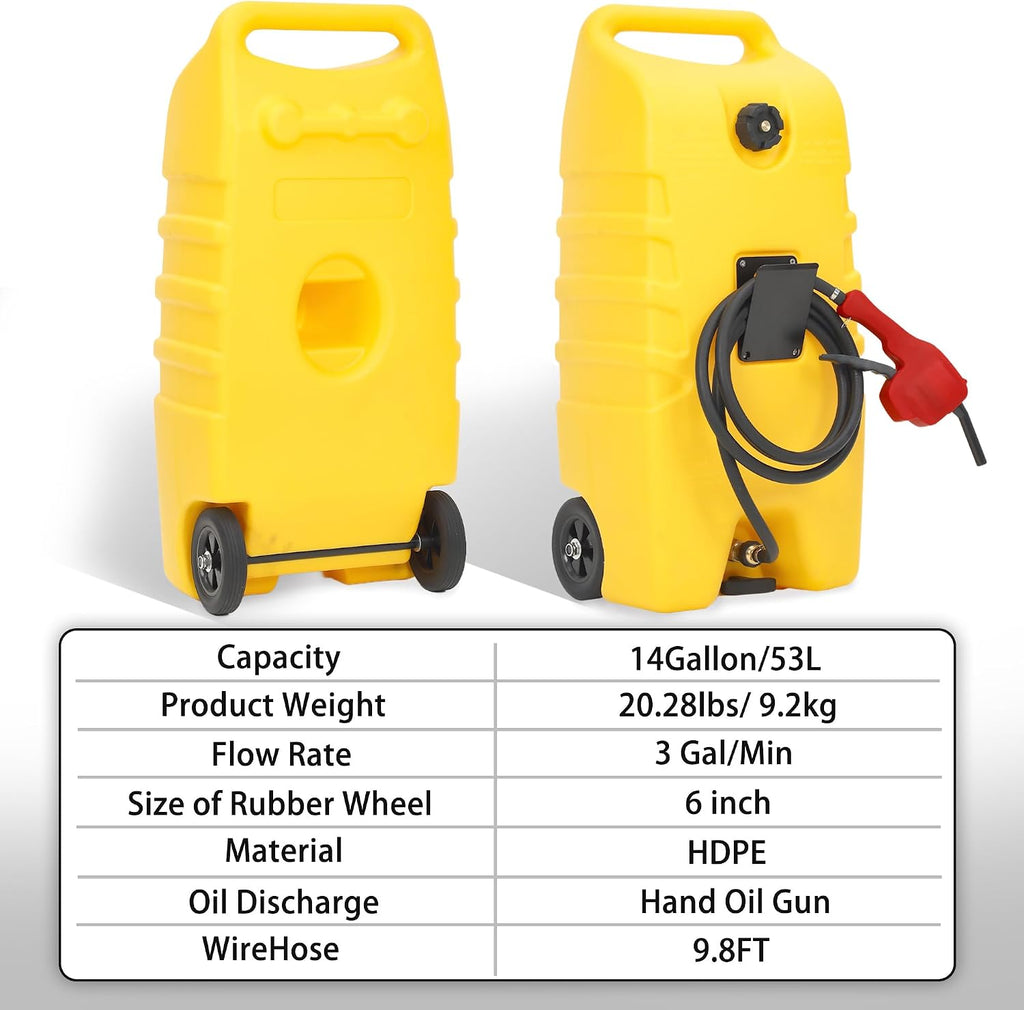 14 Gallon Fuel Tank, Portable Diesel Transfer Gas Can, Manual Transfer Nozzle, Fuel Container, Heavy-Duty Fuel Caddy for Car, ATV, Weeder, Boat, Etc., Yellow