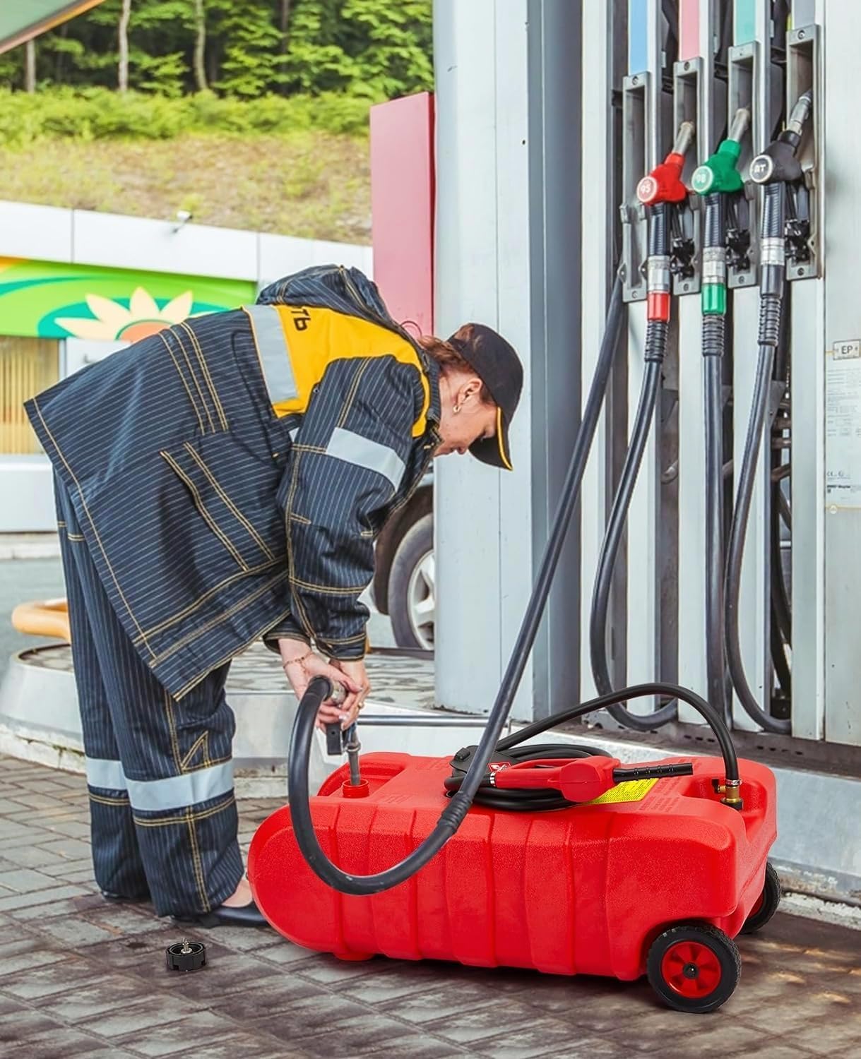 Gas Can 15 Gallon, Fuel Tank Container with Gravity & Hand Pump Modes, Portable Fuel Caddy with Wheels, 10 ft Delivery Hose & Manual Pump, Gas Caddy for Motorboats, ATVs, Gasoline & Diesel