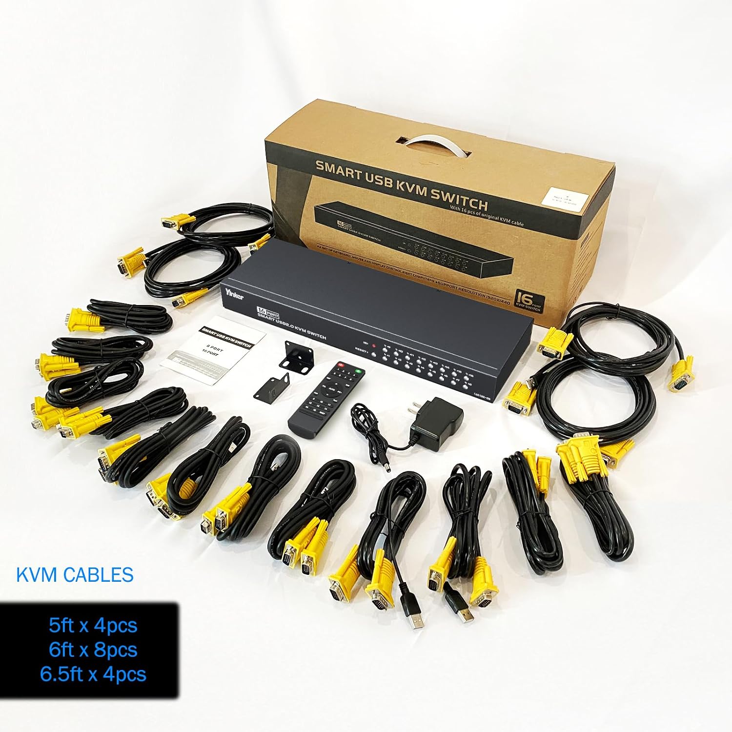 16 Port KVM Switch, Rack KVM Console VGA 16x1 w/16-Pack Cables IR Remote & Ears Support HD 1U Rack Cabinet
