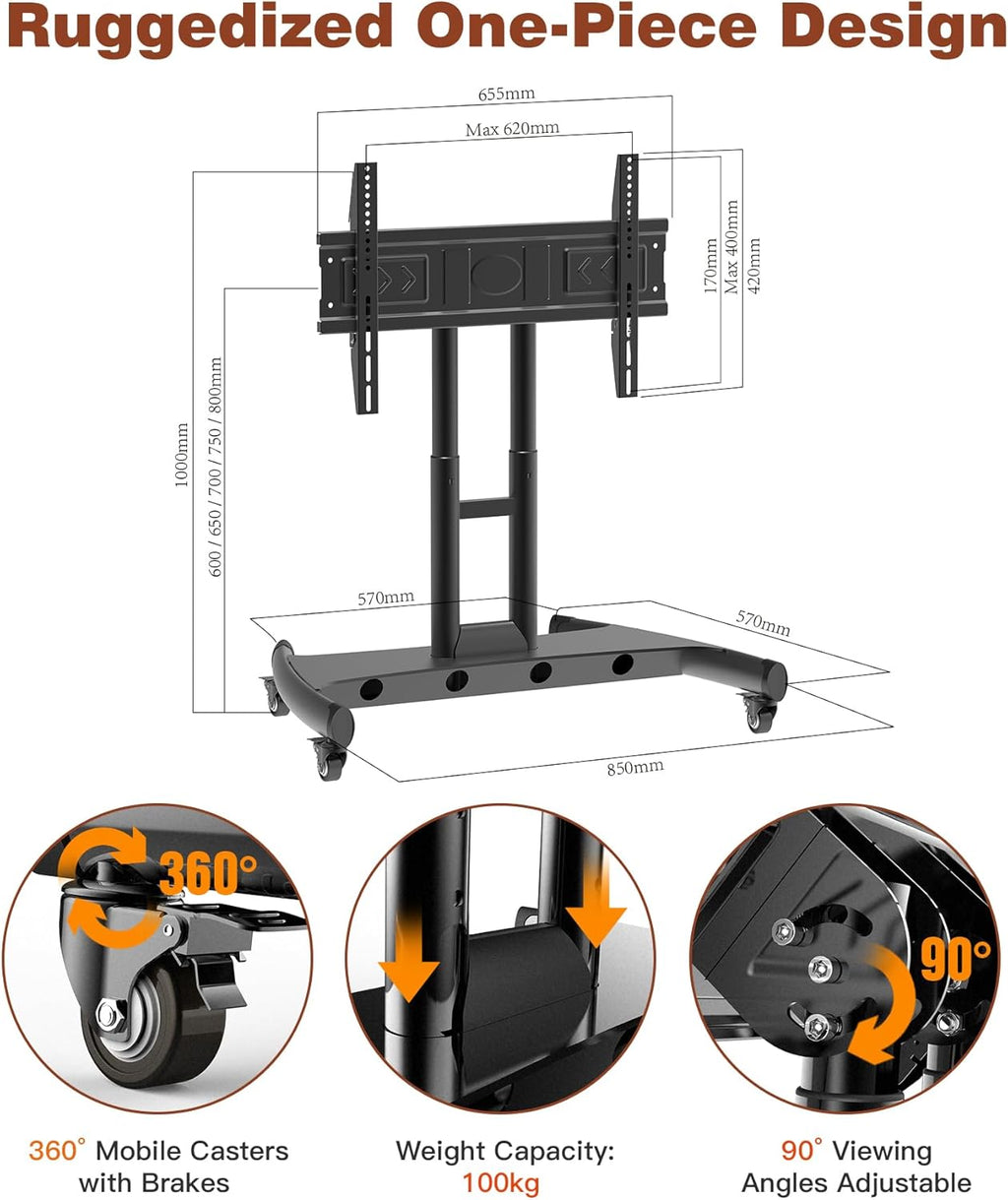 Rolling TV Stand, Portable Mobile Floor Confidence Monitor Stand on Wheels for 32-75 Inch Flat Screen TVs, Low Profile TV Cart with Height and 90° Viewing Angle Adjustable, Max VESA 600x400mm, 100lbs