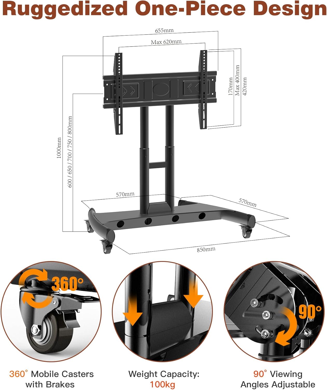 Rolling TV Stand, Portable Mobile Floor Confidence Monitor Stand on Wheels for 32-75 Inch Flat Screen TVs, Low Profile TV Cart with Height and 90° Viewing Angle Adjustable, Max VESA 600x400mm, 100lbs