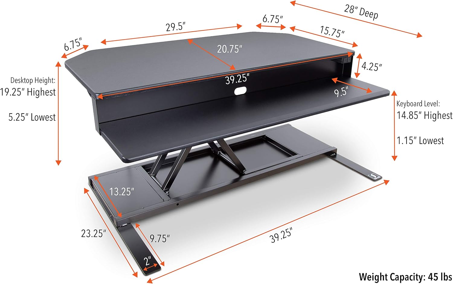 Flexpro Power 40 Inch Electric Corner Desk Converter for Cubicles and L-Shaped Desks with Quiet Height Adjustments, Large Dual Level Sit to Stand Computer Workspace (Black, 44in x 32in)