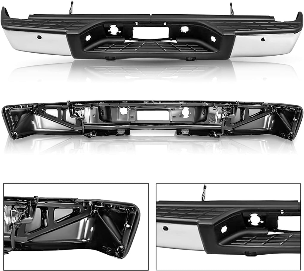 JSBOYAT Rear Step Bumper Fit for 2007-2013 Chevy Silverado 1500 / GMC Sierra 1500 Chrome Steel Bumper Assembly with Sensor Holes (Chrome) NOT Fit 2500 3500