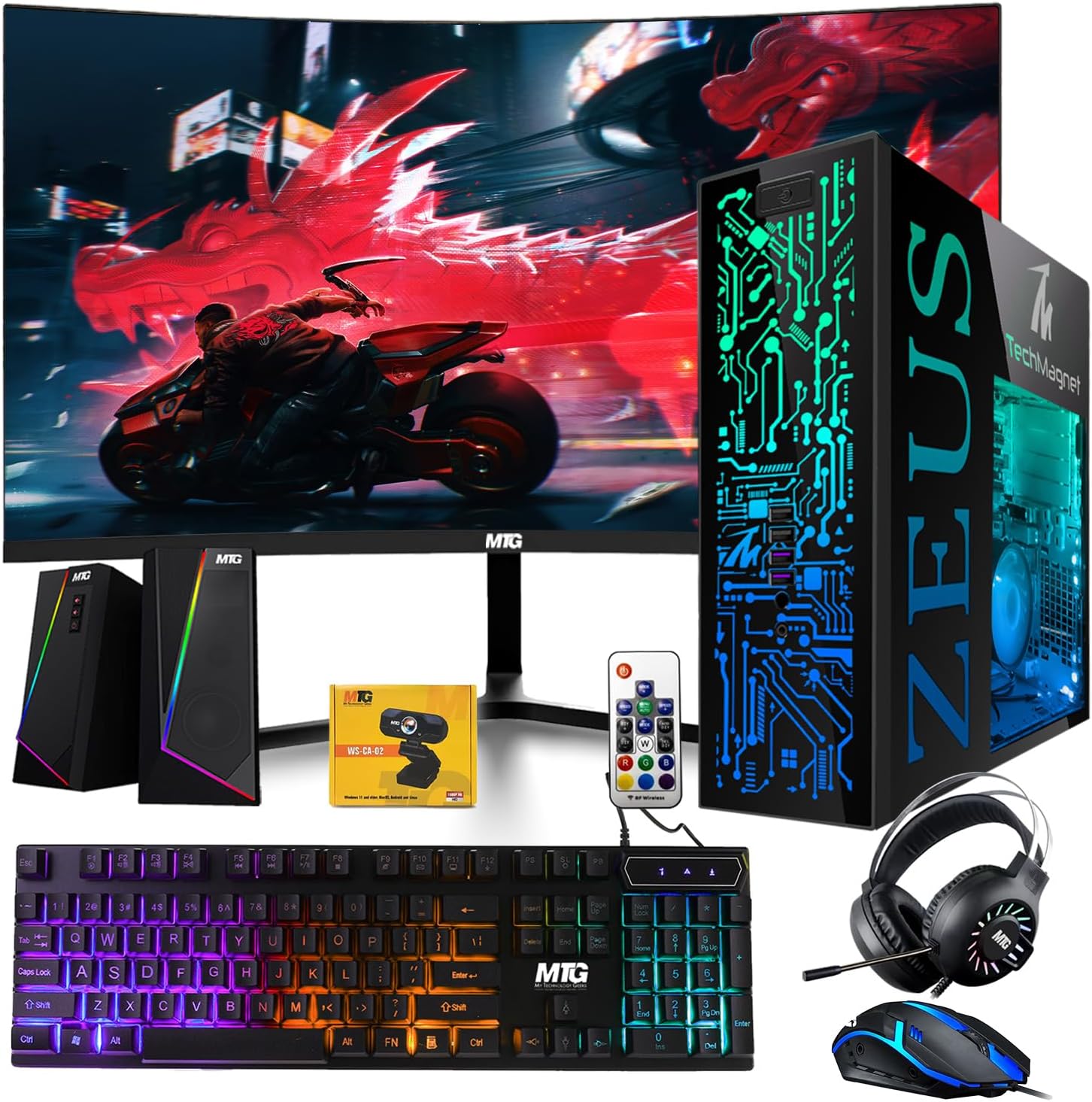 TechMagnet Gaming Desktop PC, Intel i5 6th Gen, Zeus Pro 6, RX 550, 16GB RAM, 256GB SSD + 1TB HDD 24 Inch Curved Monitor, RGB Keyboard Mouse, Speaker, Headphone, Webcam, Windows 11 (Renewed)