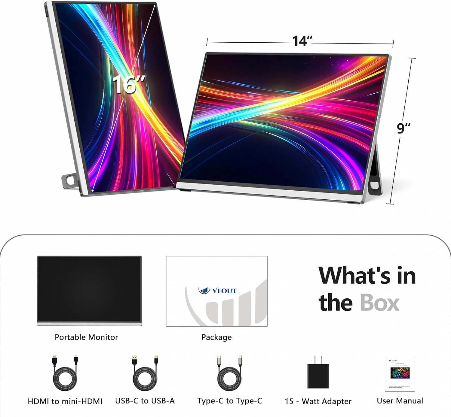 Veout 16-inch 2.5K 144Hz Portable Gaming Monitor in 4 Colors, IPS with FreeSync, USB-C & Mini HDMI for Laptop/Mac/PS5/Xbox/Switch - Travel Second Screen V1Pro(Silver)