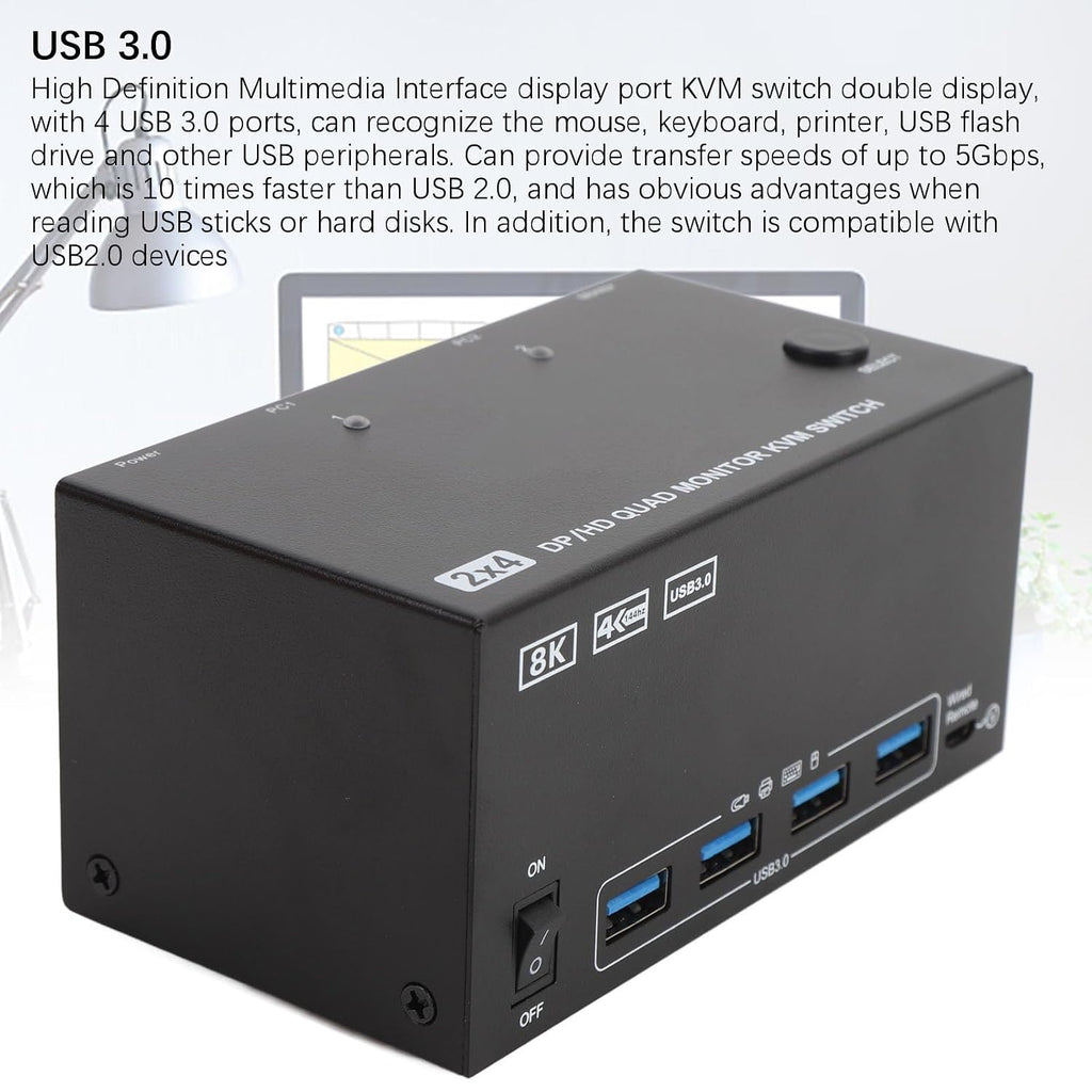 GOWENIC KVM Switch, 4 Monitors 2 Computers DisplayPort 8K 60Hz 4K 144Hz with 4 USB 3.0 Ports, for OS X OS Unix Computers (US)