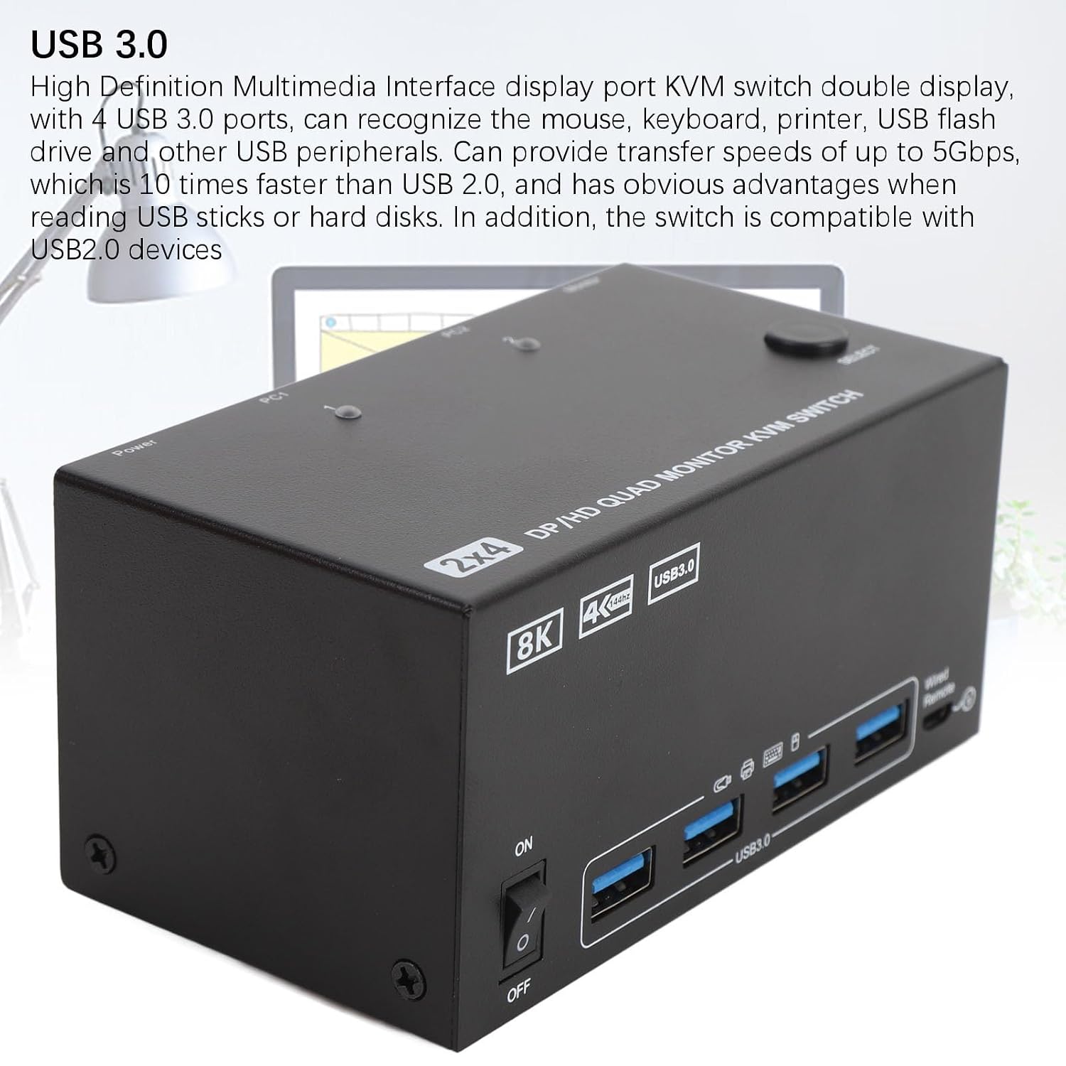 GOWENIC KVM Switch, 4 Monitors 2 Computers DisplayPort 8K 60Hz 4K 144Hz with 4 USB 3.0 Ports, for OS X OS Unix Computers (US)