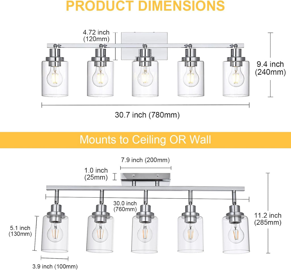 5-Light Track Lighting Kit Ceiling Kitchen Track Lighting Fixtures Chrome Bathroom Vanity Wall Lights with Clear Glass Multi-Directional Rotating Tracking Light Heads Spotlight for Accent Shop