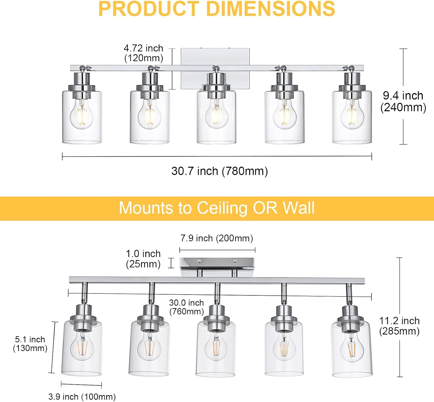 5-Light Track Lighting Kit Ceiling Kitchen Track Lighting Fixtures Chrome Bathroom Vanity Wall Lights with Clear Glass Multi-Directional Rotating Tracking Light Heads Spotlight for Accent Shop