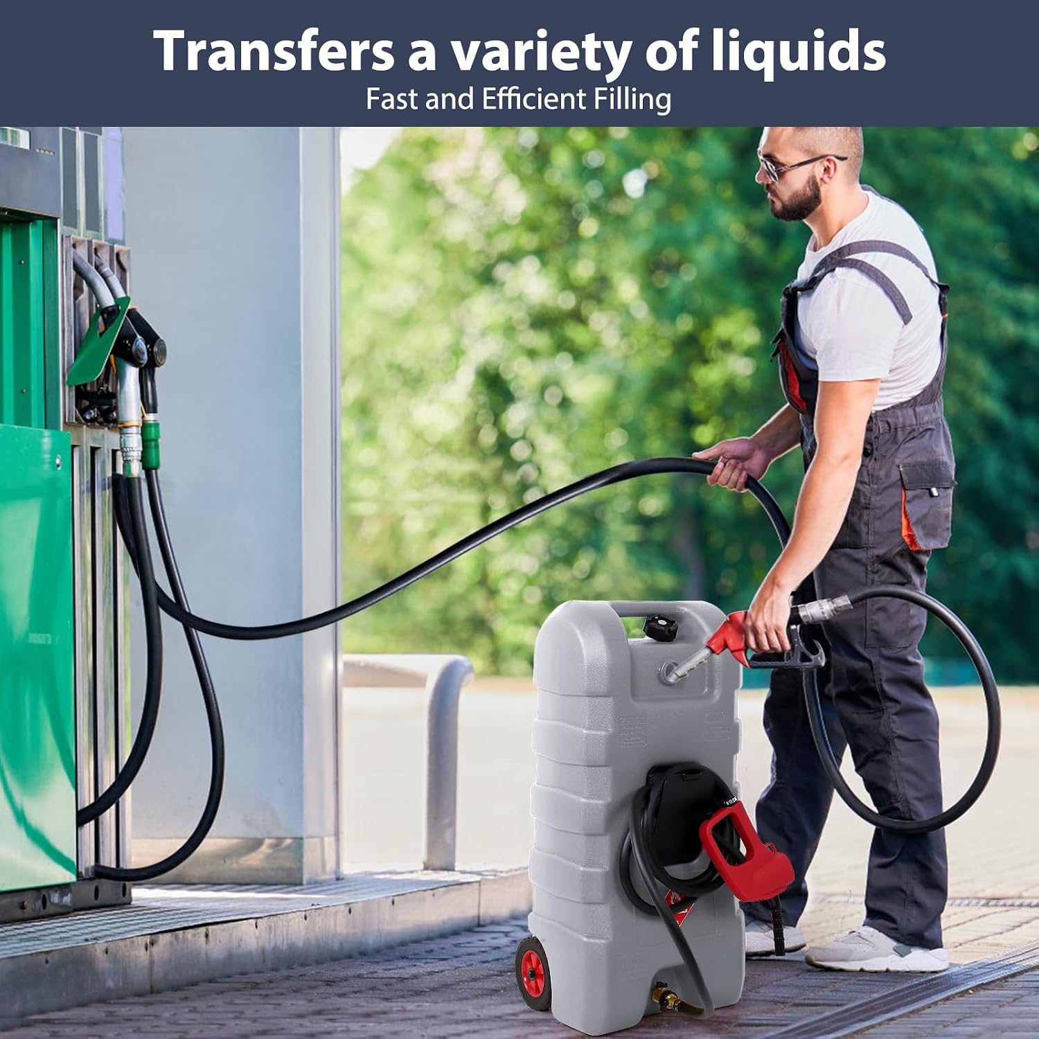 Portable Gas Fuel Tank 15 Gallon W/Casters,Portable Fuel Tank With Fluid Transfer Siphon Pump&10ft Delivery Hose,Diesel Storage Can On-Wheels for Cars, Lawn Mowers,Boats,Container Caddy Can