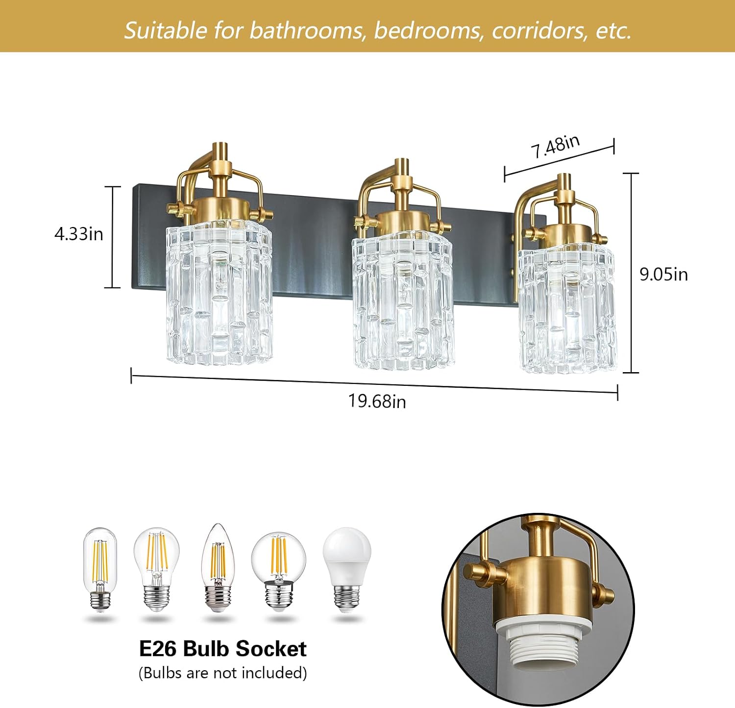3 Light Crystal Glass Vanity Light, Black Gold Bathroom Lighting Fixtures Over Mirror Modern Bath Wall Sconce Lighting for Bedroom Living Room