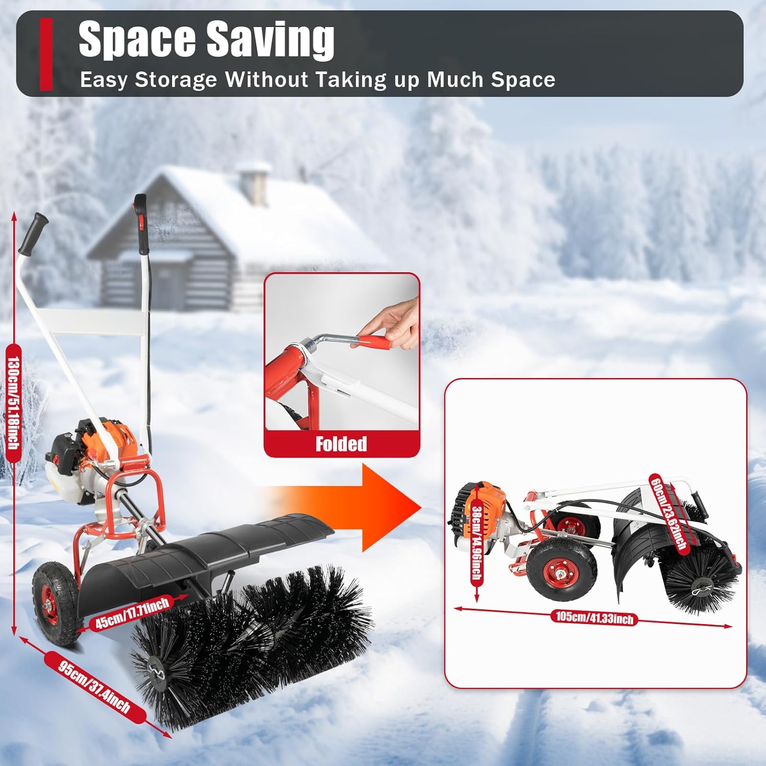 52cc Gas Power Handheld Snow Broom Brush Cleaner, 2.5 HP w/Auxiliary Wheels, Outdoor Hand Held Push Broom Driveway Sweeper for Concrete Driveway Cleaning Lawn Snow