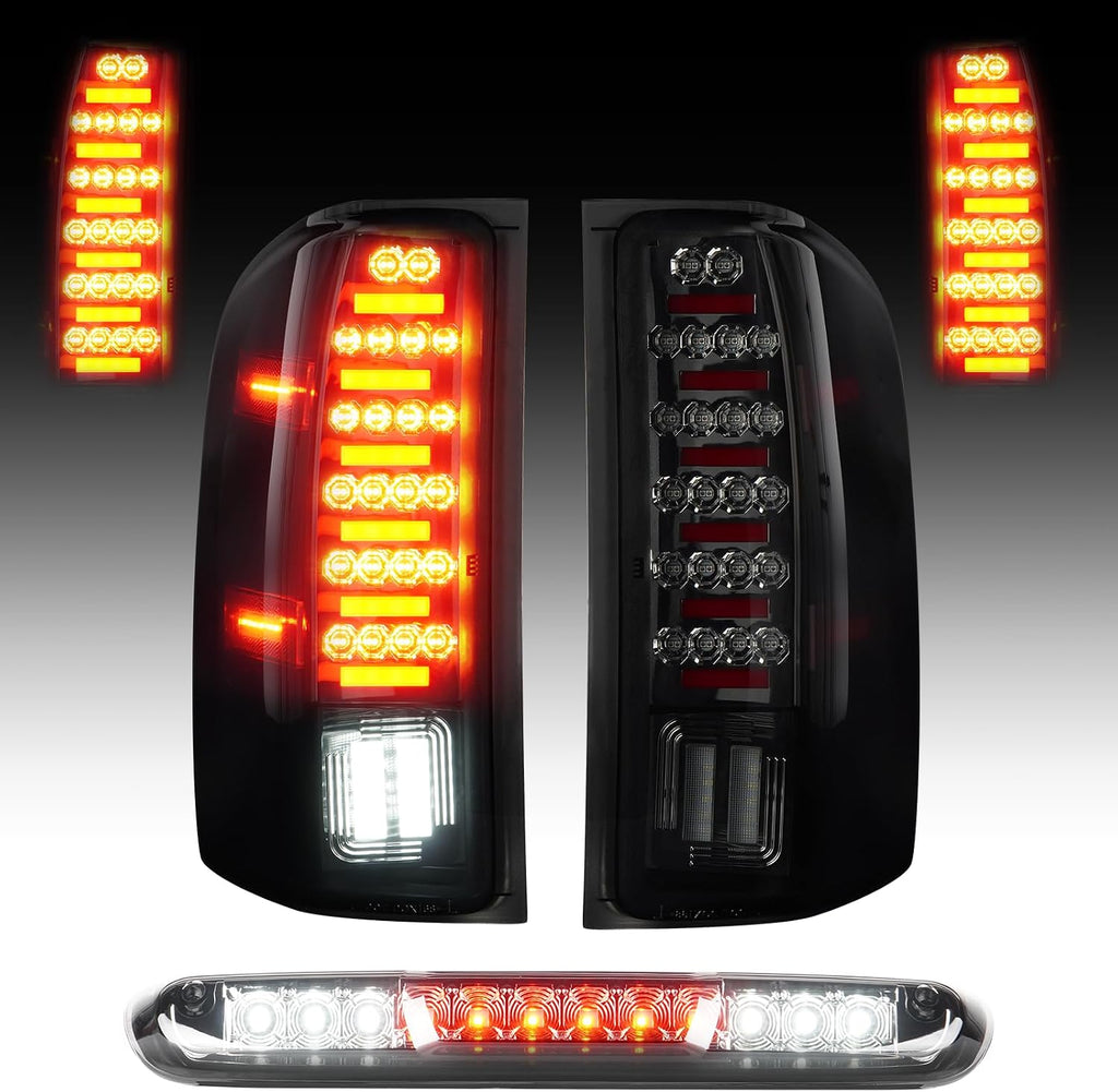 Tail Light Assembly [LED Kit]+ 3rd Third Brake Cargo Lamp Fit for Chevy Silverado 1500 2500HD 3500HD 07-14, for GMC Sierra 3500HD 08-14, Sierra Denali 3500 11-14 with Dual Rear Wheel ONLY, Smoked Lens