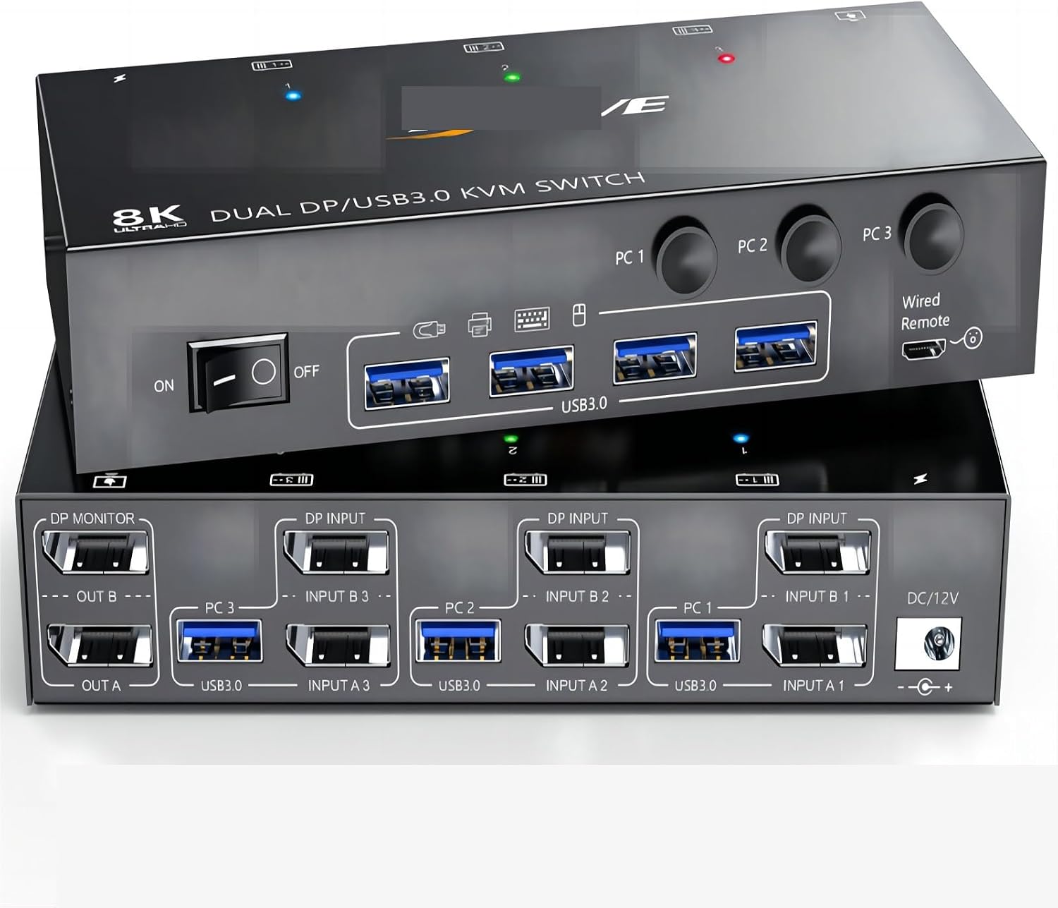 8K Displayport KVM Switch 2 Monitors 3 Computers 8K@60Hz 4K@144Hz,Dual Monitor KVM Switch Displayport with 4 USB 3.0 Ports(with EU Plug)