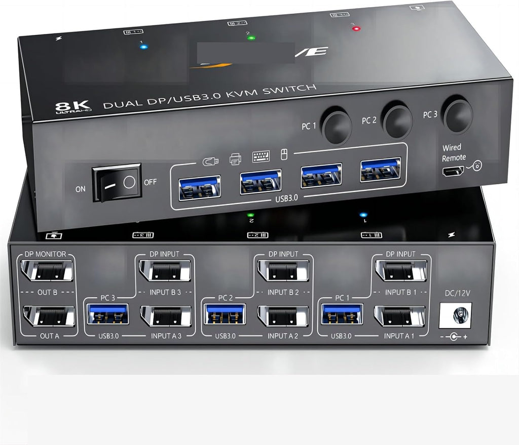 8K Displayport KVM Switch 2 Monitors 3 Computers 8K@60Hz 4K@144Hz,Dual Monitor KVM Switch Displayport with 4 USB 3.0 Ports(with AU Plug)
