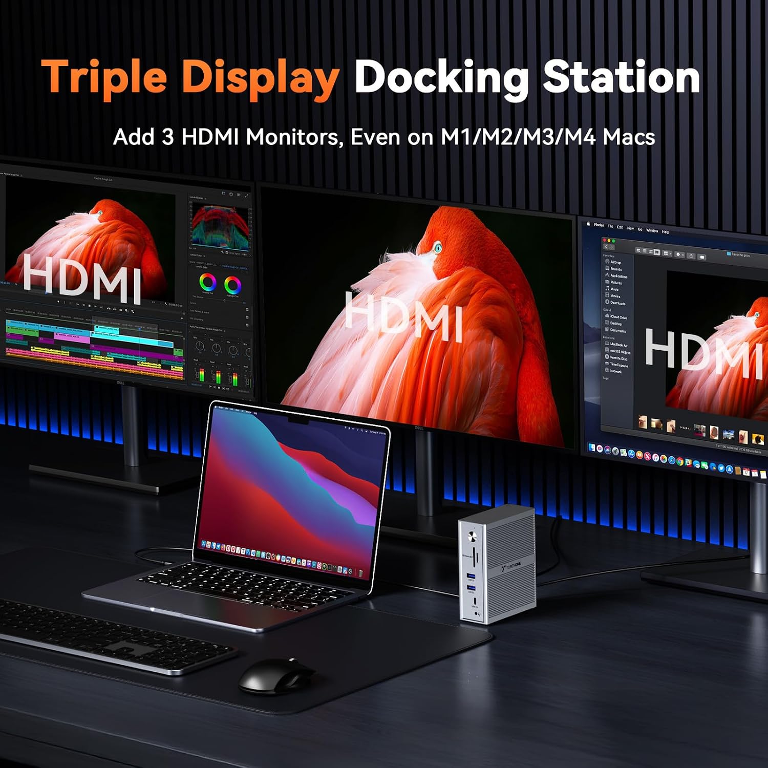 TobenONE USB C Docking Station for 3 Monitors 4K, Triple Monitor DisplayLink Dock with 120W Power Adapter, for MacBook M1-M5/Mac mini/Windows/Chrome, 3x HDMI, 5x USB, Gigabit Ethernet, Driver Required