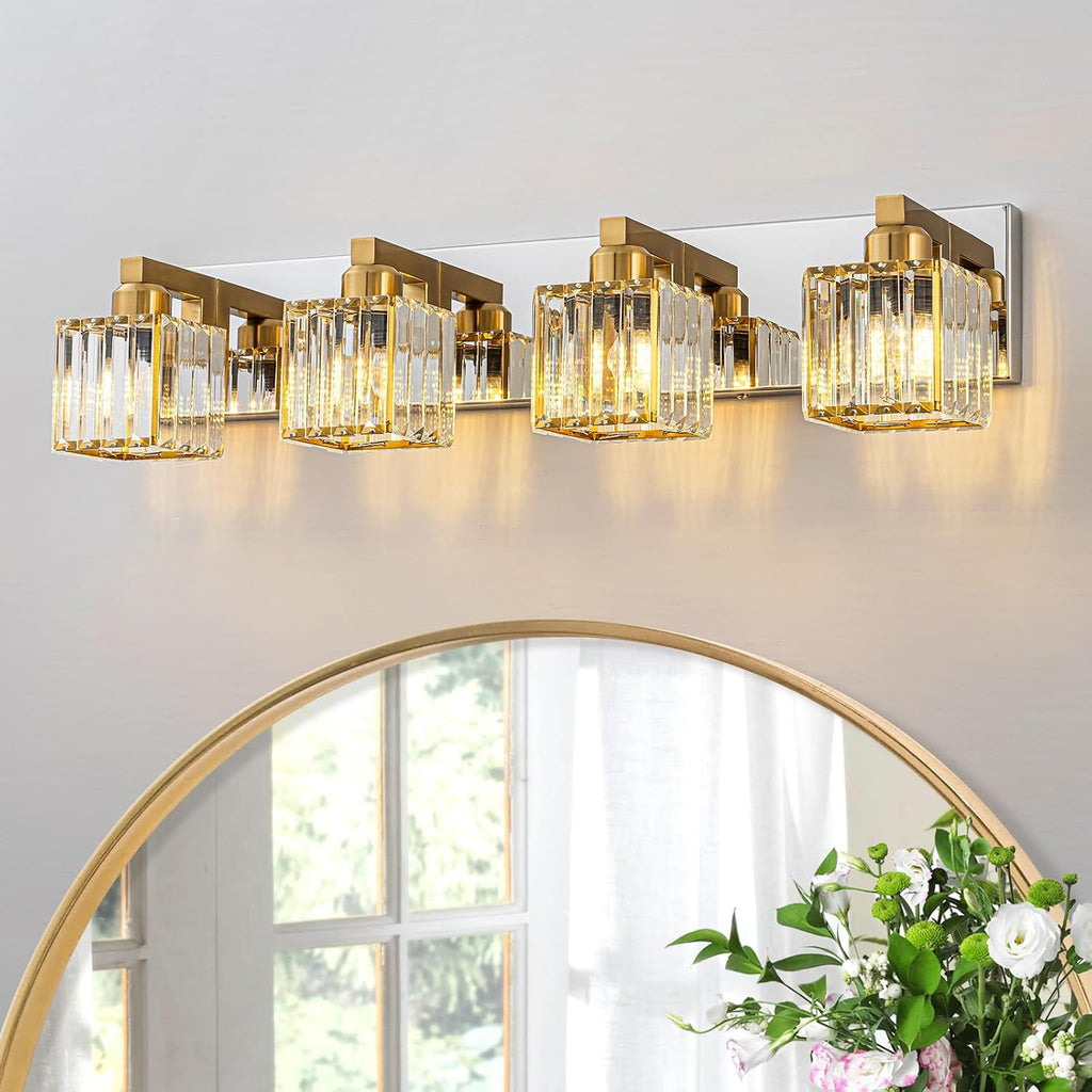 Crystal Bathroom Vanity Light Gold Chrome 4-Light Modern Chrome Vanity Light for Bathroom Square Wall Sconce