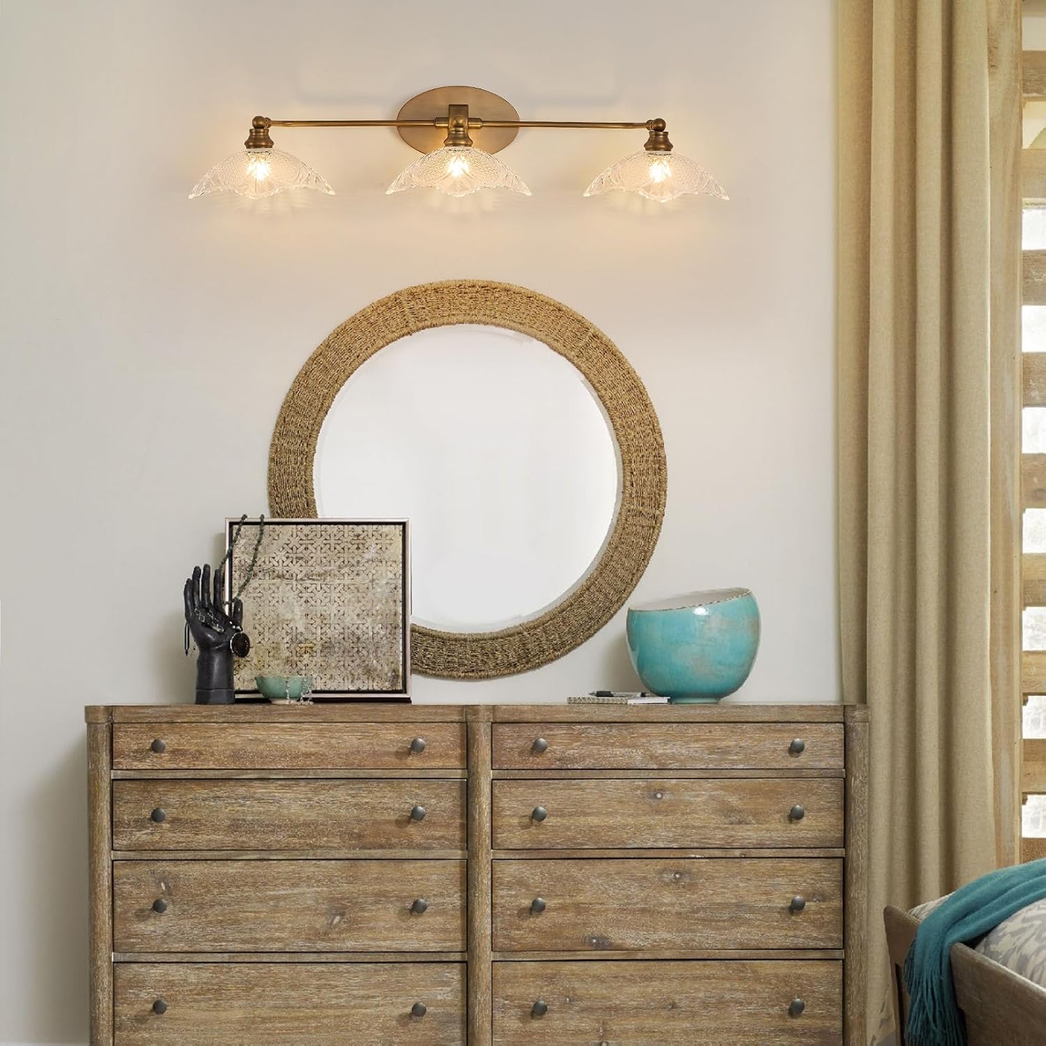 Vintage Bathroom Vanity Light Fixture, 3 Light Bathroom Vanity Light Length 33.85 inches Antique Brass with Crystal Glass Shade Antique Brass Vanity (E12 Bulb, Bulb not Included)