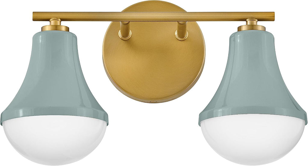 Lark Haddie 85512SF Modern Two-Light Bath Vanity, Fixture Mounts Up or Down, Shades Secured in Place, Seafoam and Lacquered Brass