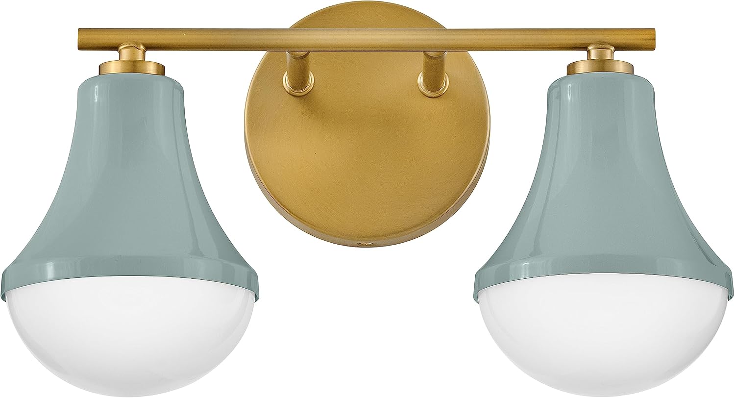 Lark Haddie 85512SF Modern Two-Light Bath Vanity, Fixture Mounts Up or Down, Shades Secured in Place, Seafoam and Lacquered Brass