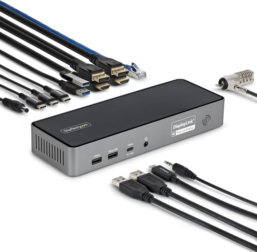 StarTech.com Triple Monitor USB-C Docking Station, 4K 60Hz DisplayLink Dock for MacBook M1 M2 M3 M4 & Windows, 2.5GbE, 2X HDMI & 2X DP, 140W Laptop Charging, USB-C DP Alt Mode - TAA