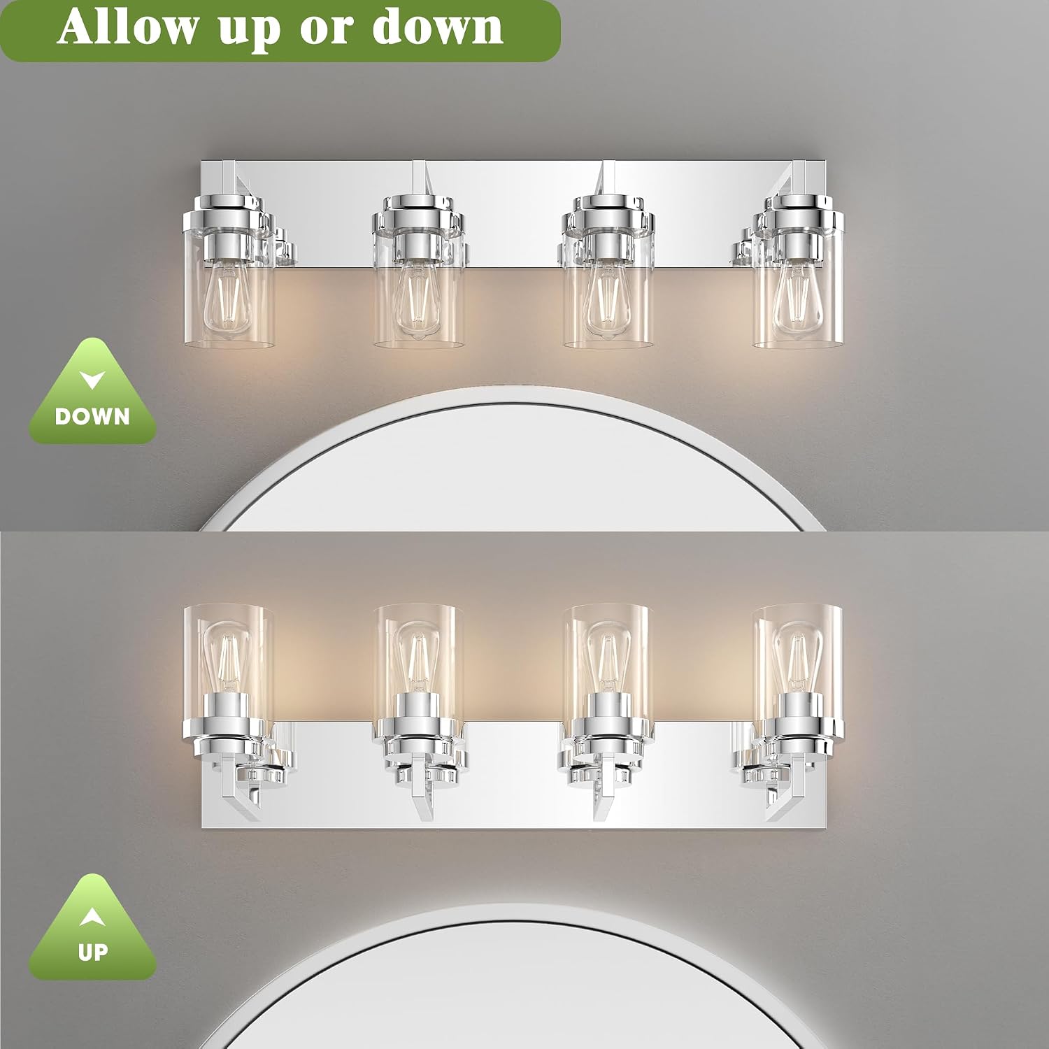 Chrome Light Fixtures, 4 Light Bathroom Vanity Light with Clear Glass Shade, 30 in Modern Vanity Light, Bathroom Lighting Fixtures Over Mirror for Living Room
