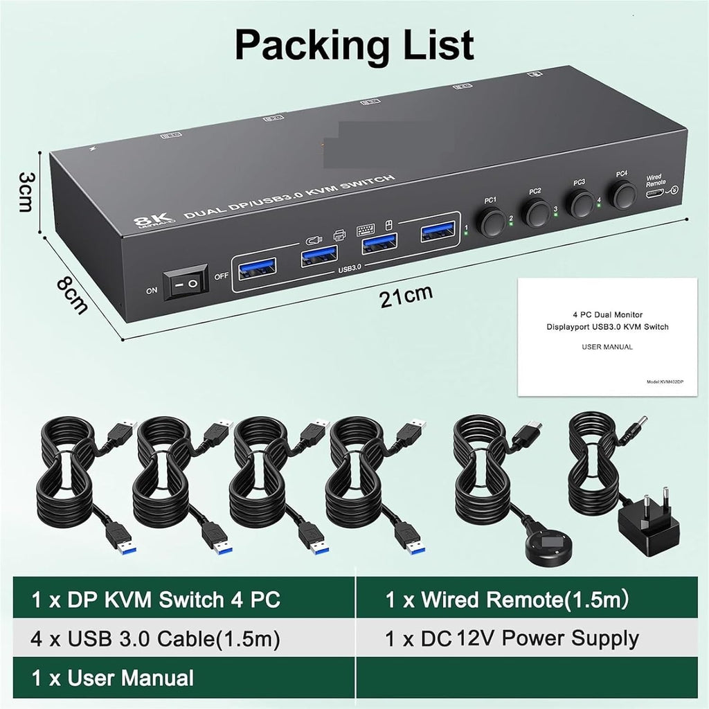 DisplayPort KVM Switch 4 USB 3.0 Ports 4K@144Hz 8K@30Hz for 2 Monitors Computers Sharing Keyboard Mouse Printer U-Disk DP