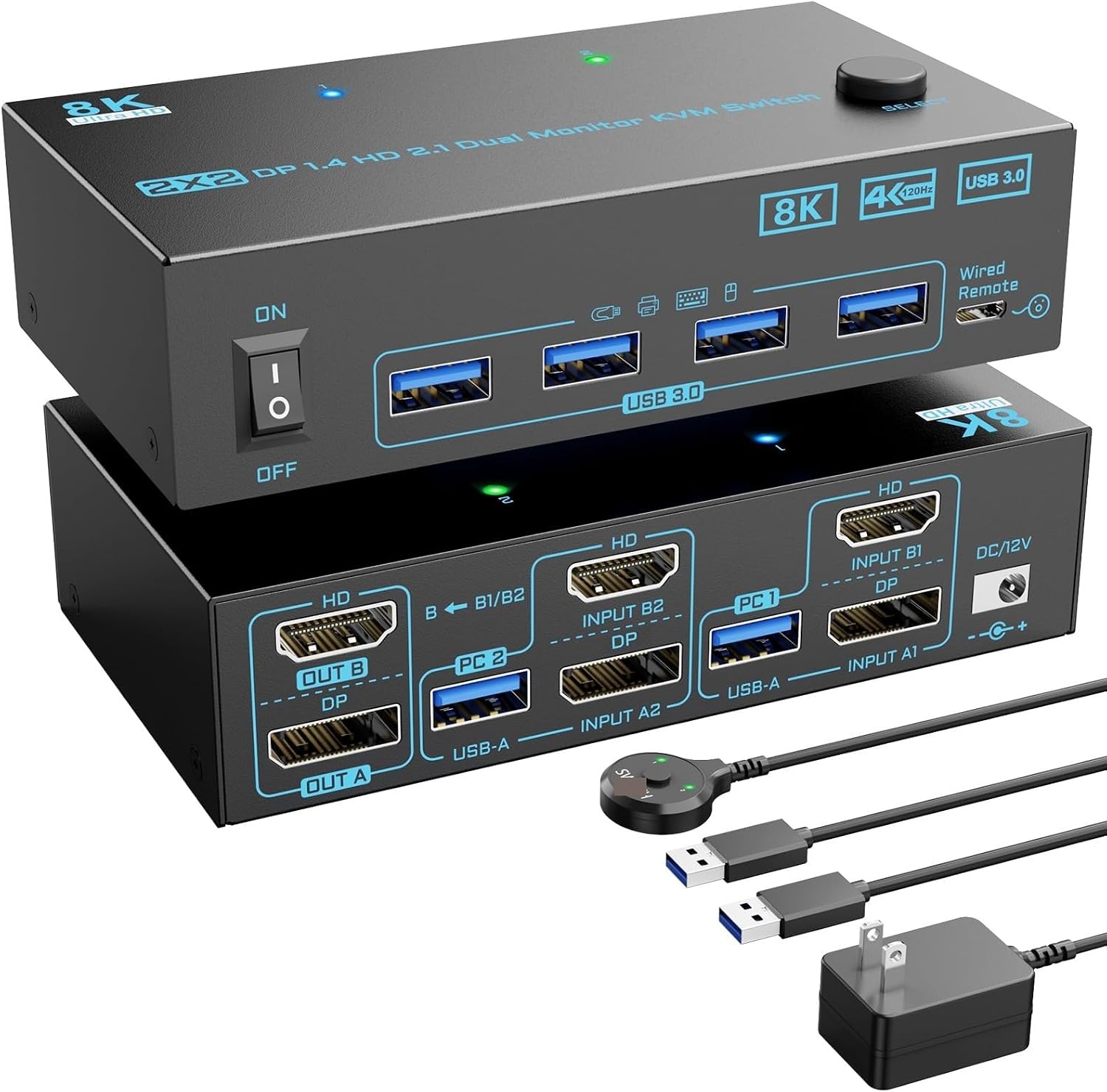 HDMI + Displayport KVM Switch 2 Monitors 2 Computers 8K@60Hz 4K@144Hz, Dual Monitor KVM Switch with 4 USB 3.0 Port,Wired Remote(NA-8202DH,AU)