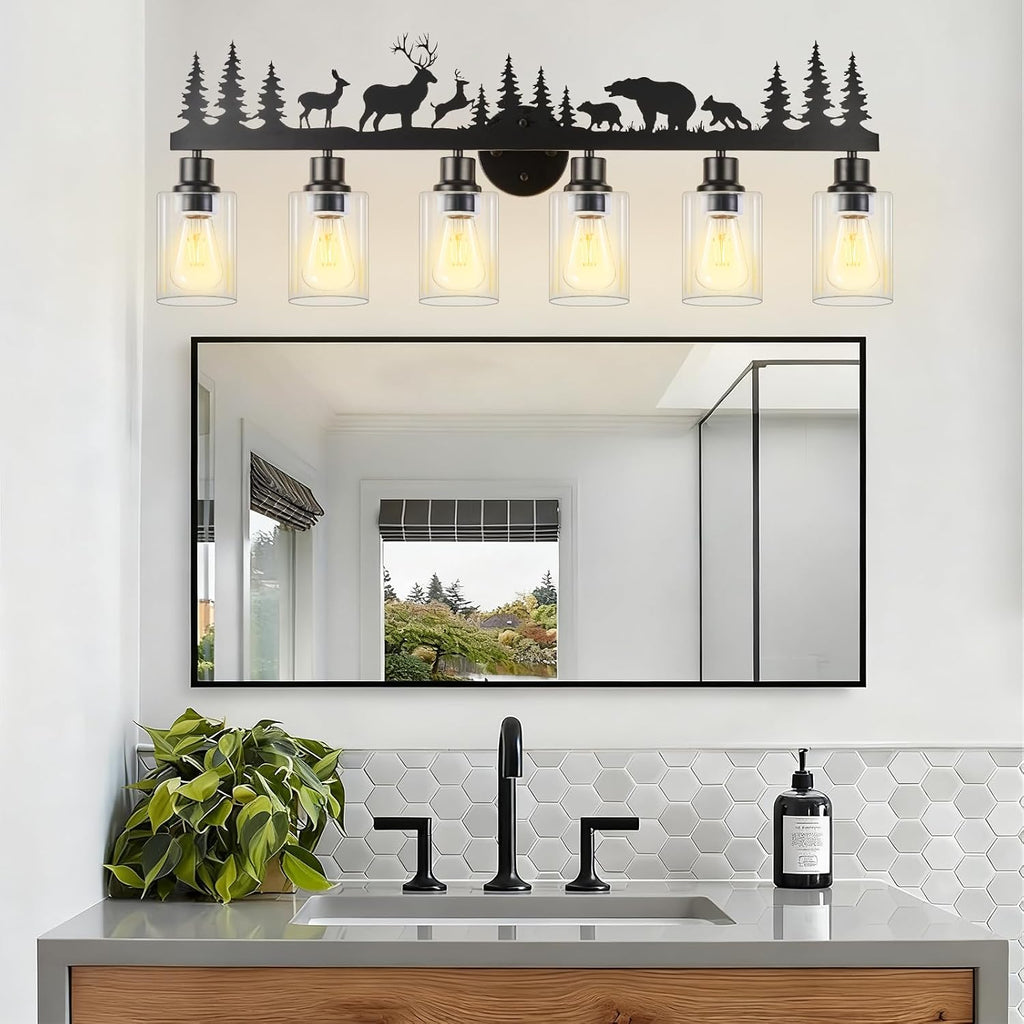 Rustic Bathroom Light Fixtures, 6-Light Farmhouse Vanity Lamp with Deer and Bear Design, Black Wall Lighting with Clear Glass Shade for Bathroom, Hallway, Kitchen, Porch
