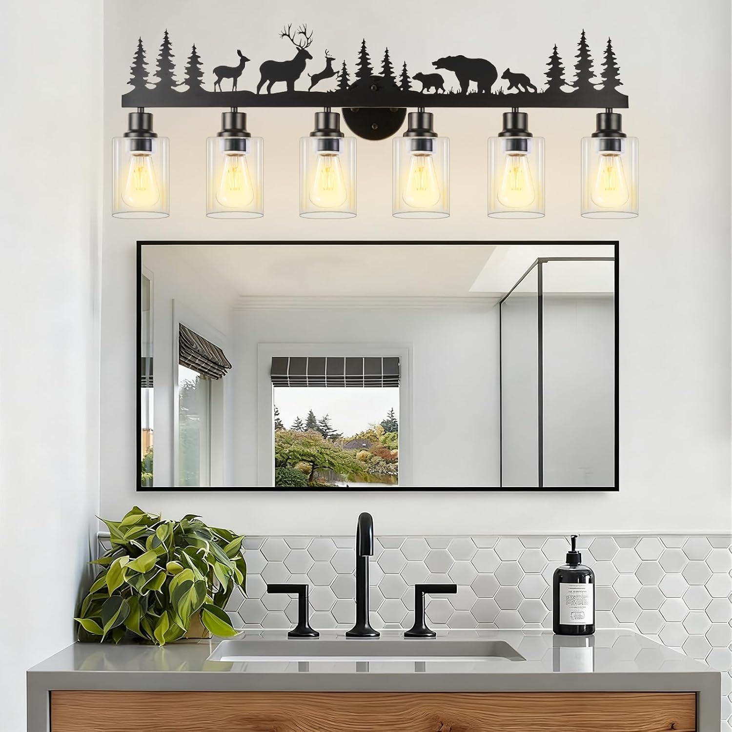 Rustic Bathroom Light Fixtures, 6-Light Farmhouse Vanity Lamp with Deer and Bear Design, Black Wall Lighting with Clear Glass Shade for Bathroom, Hallway, Kitchen, Porch
