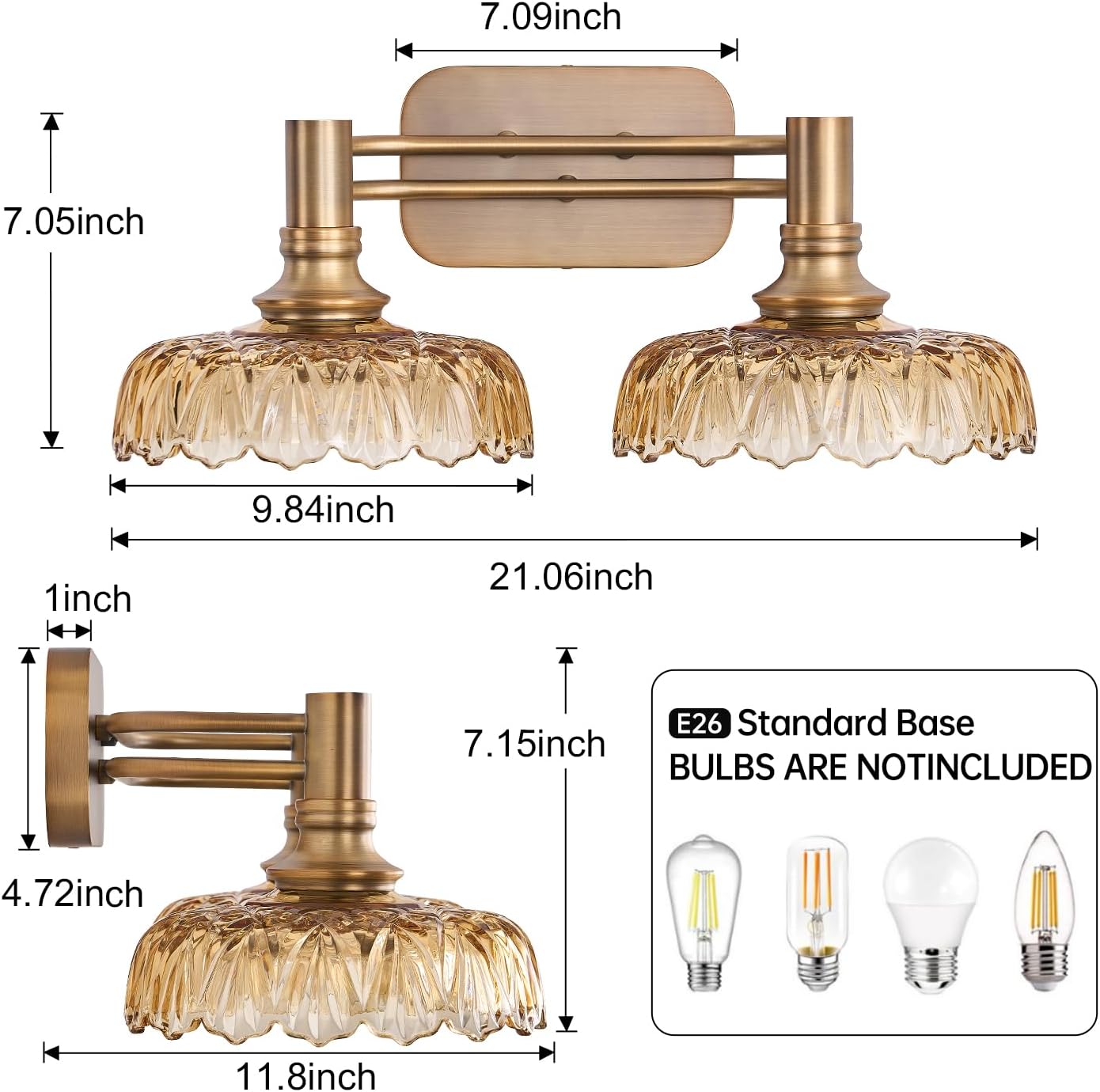 Vintage Bathroom Vanity Light Fixtures, 2-Light Brass Vanity Wall Light Over Mirror with Amber Glass Shade for Hallway Bedroom Living Room