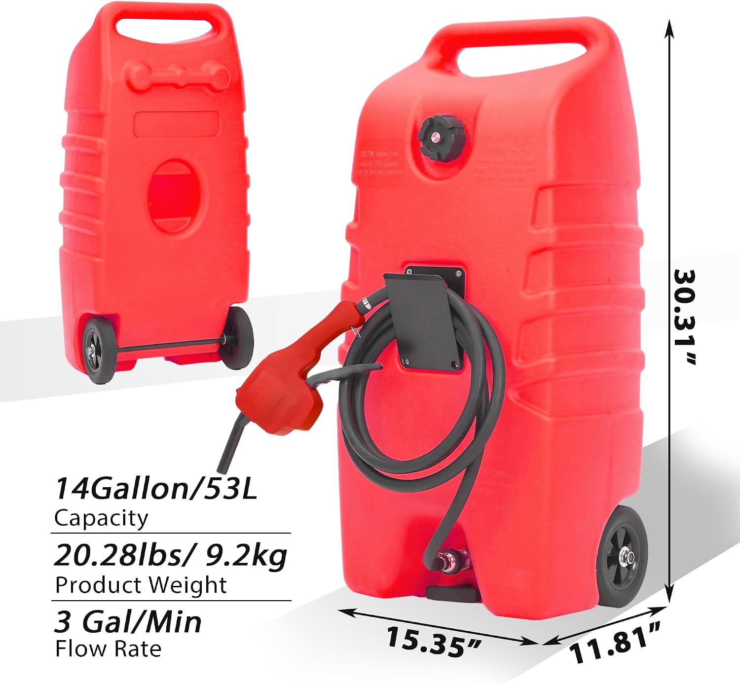 Garvee 14 gal Portable Fuel Tank, Red Fuel Storage Container with Manual Siphon Pump & 10 ft Hose, Gasoline Diesel Caddy with Wheels, Fuel Transfer Tank for Car, ATV, Boat, Lawn Mower, Generator