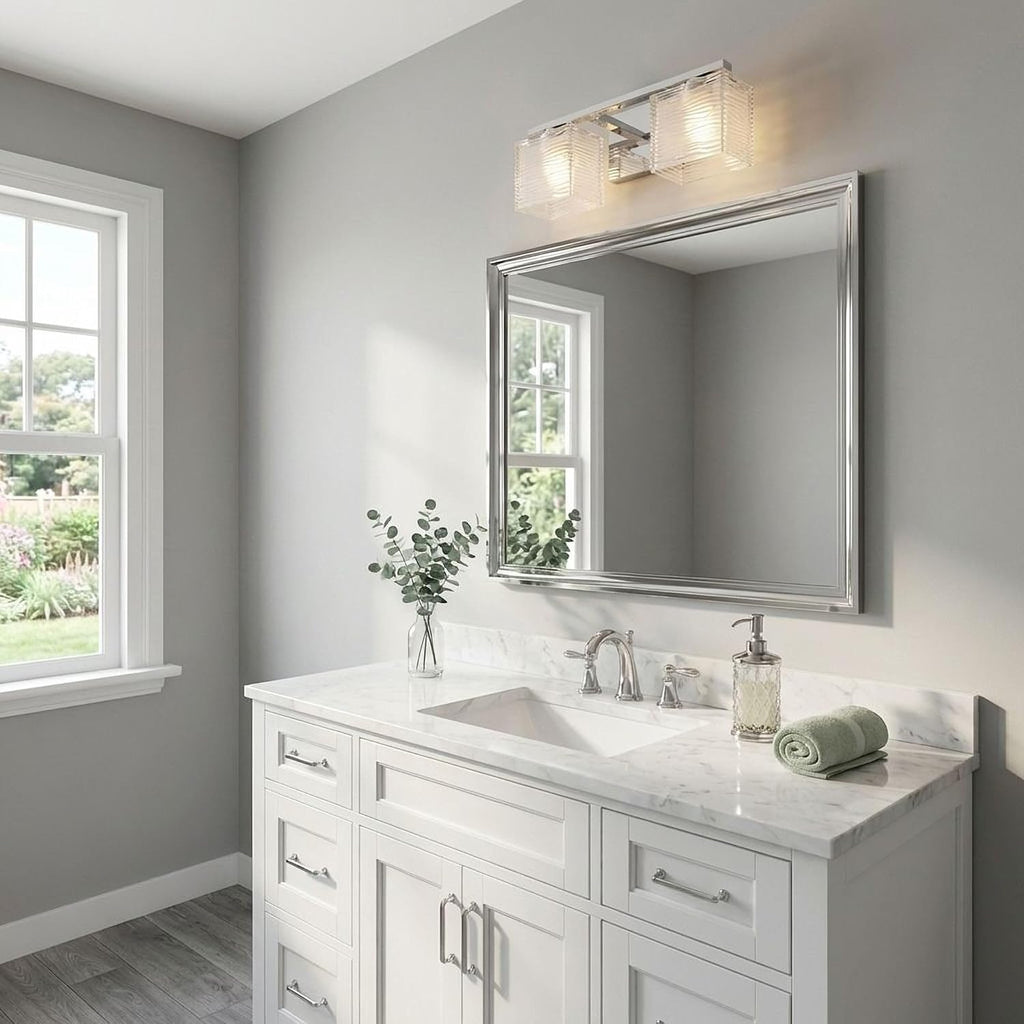 Quoizel Westcap Modern Vanity Lights, 2-Light, 15 Inch Polished Chrome Bathroom Lighting Fixtures Over Mirror, Sandblasted Glass, G9 Bulb, Transitional Wall Light for Bathrooms, Kitchen or Hallway