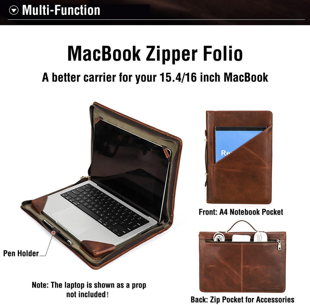 Top Grain Leather 16.2' Slim Laptop Zipper Folio Case Bag, Handmade & 2 Pockets, Compatible with MacBook Pro 16.2' A2485 M1 Max 15' Touch Bar A2141 A1707 Pro 16' Touch ID, Brown 16.2 Inch